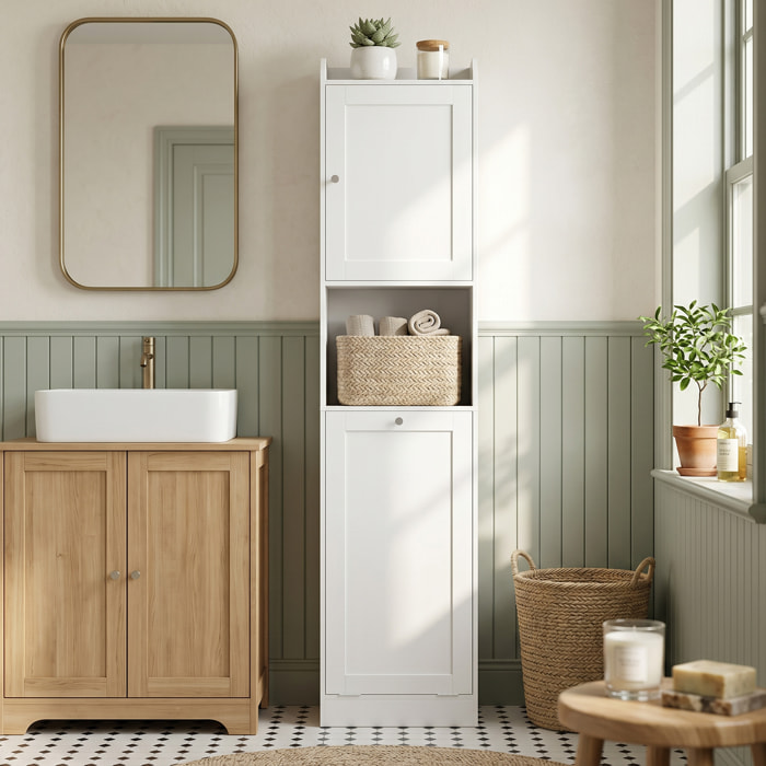 Armario Alto de Baño con Cesto Ropa Sucia, Mueble de Baño Estrecho con Compartimentos Abiertos y Estantes Ajustables, para Espacios Pequeños, 40x30x170 cm, Blanco