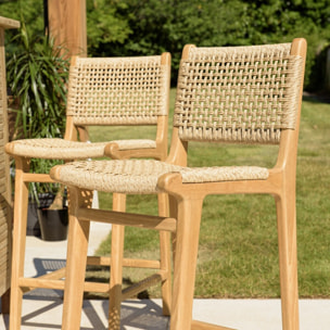 VALERIA - Lot de 2 tabourets bar de jardin en bois de teck rotin beige