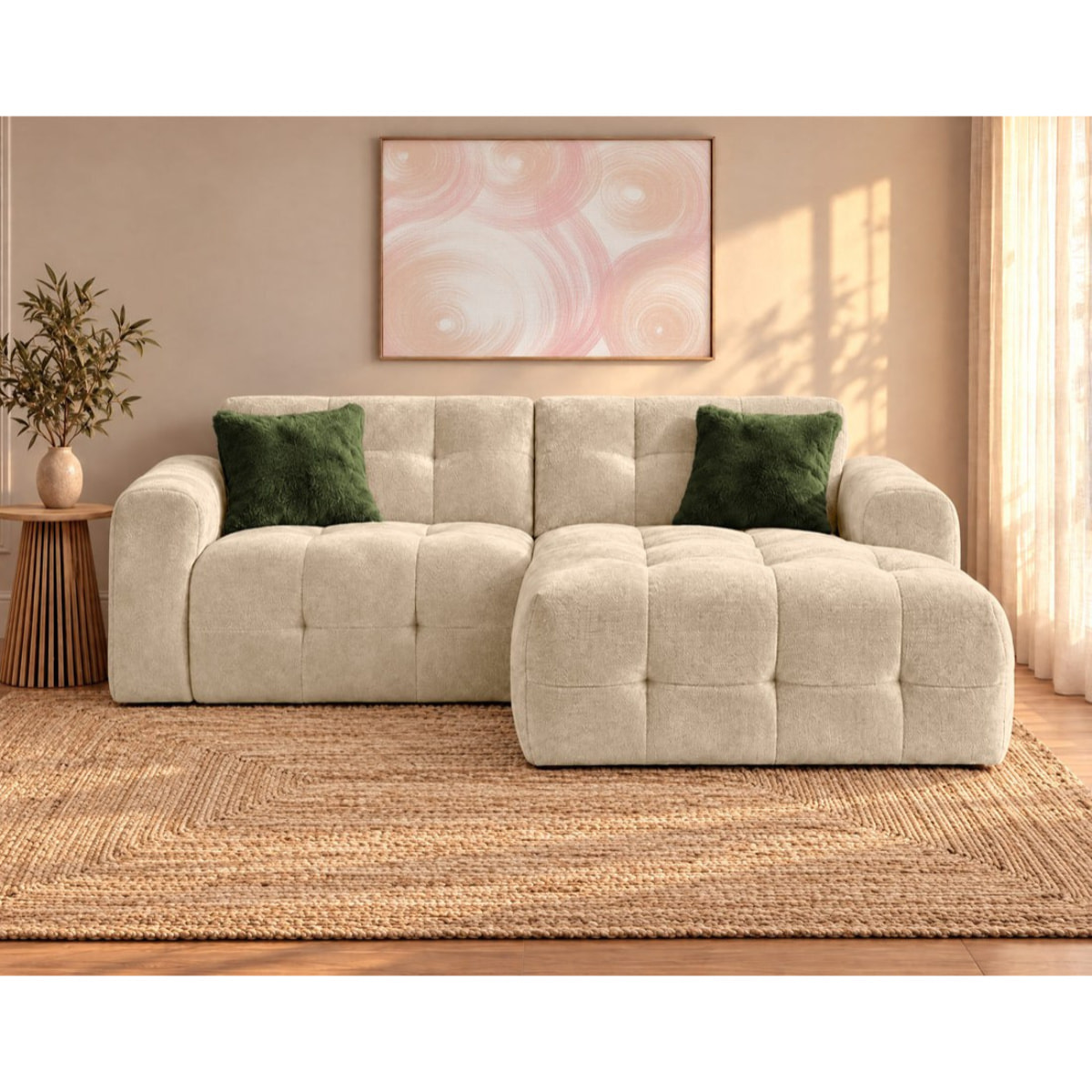 Diane - Canapé d'angle droit 4 places en velours texturé - Beige