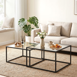 Set de 2 Mesas de Centro Cuadradas, Mesas Nido Modernas con Tablero de Vidrio Templado y Estructura Metálica, Ahorra Espacio, para Salón, Dormitorio u Oficina, 75x75x42 cm, Negro