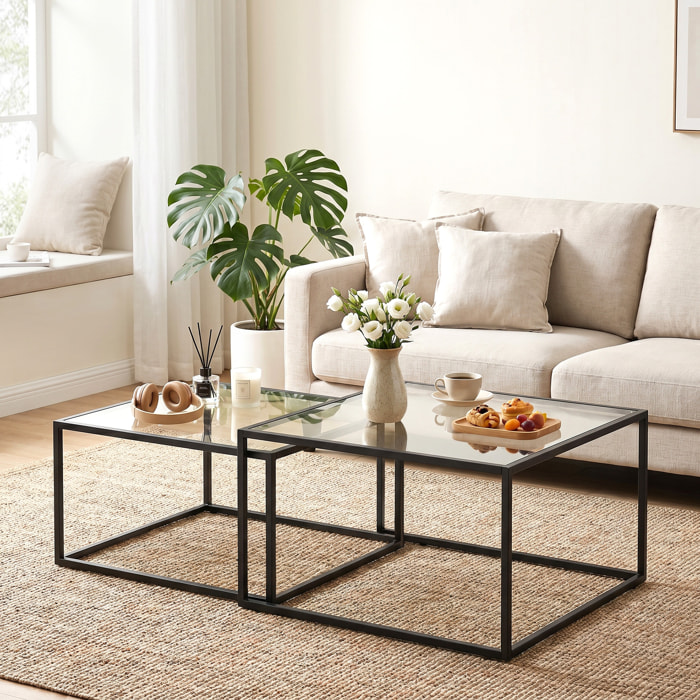 Set de 2 Mesas de Centro Cuadradas, Mesas Nido Modernas con Tablero de Vidrio Templado y Estructura Metálica, Ahorra Espacio, para Salón, Dormitorio u Oficina, 75x75x42 cm, Negro