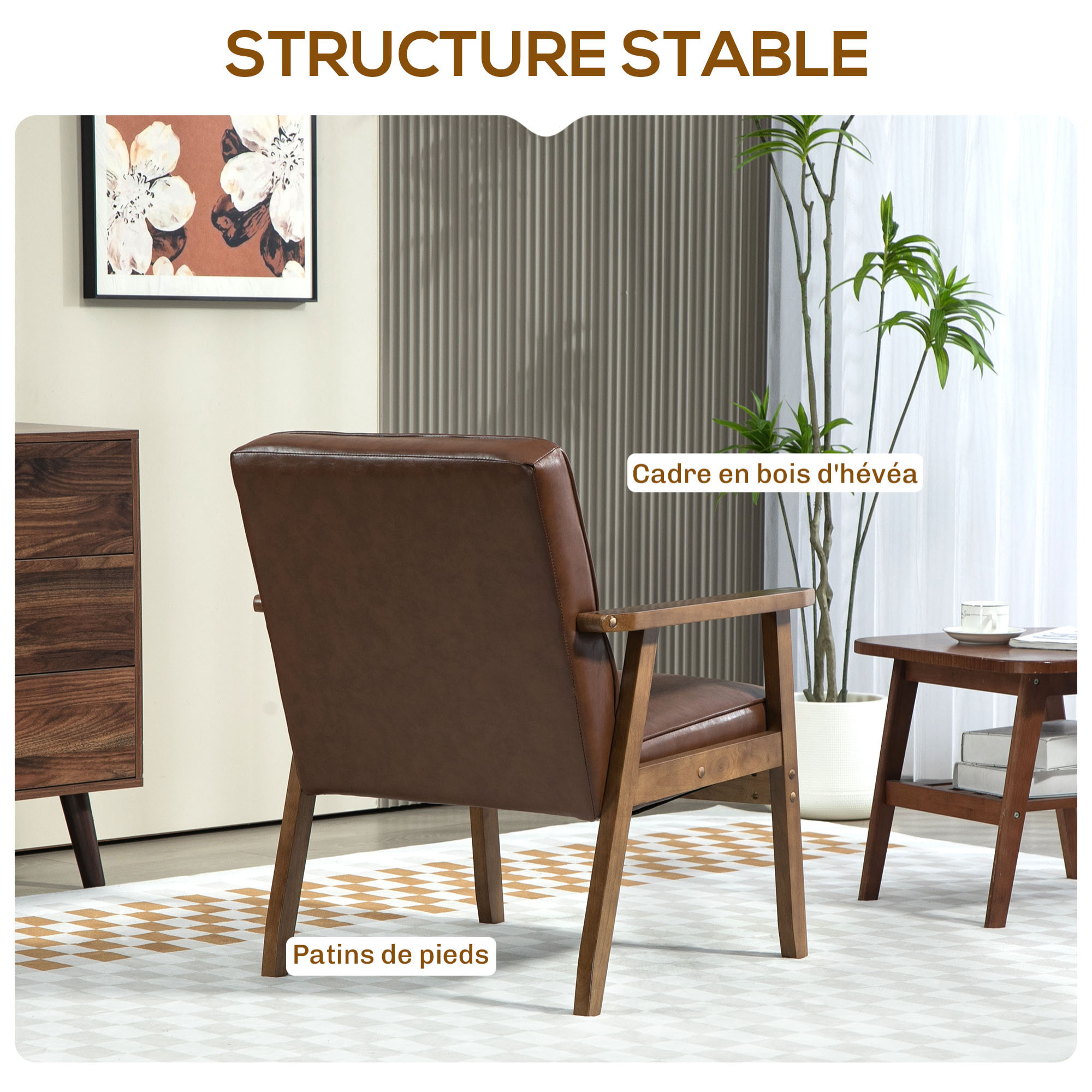 Fauteuil de salon lounge design Chesterfield bois hévéa foncé synthétique chocolat