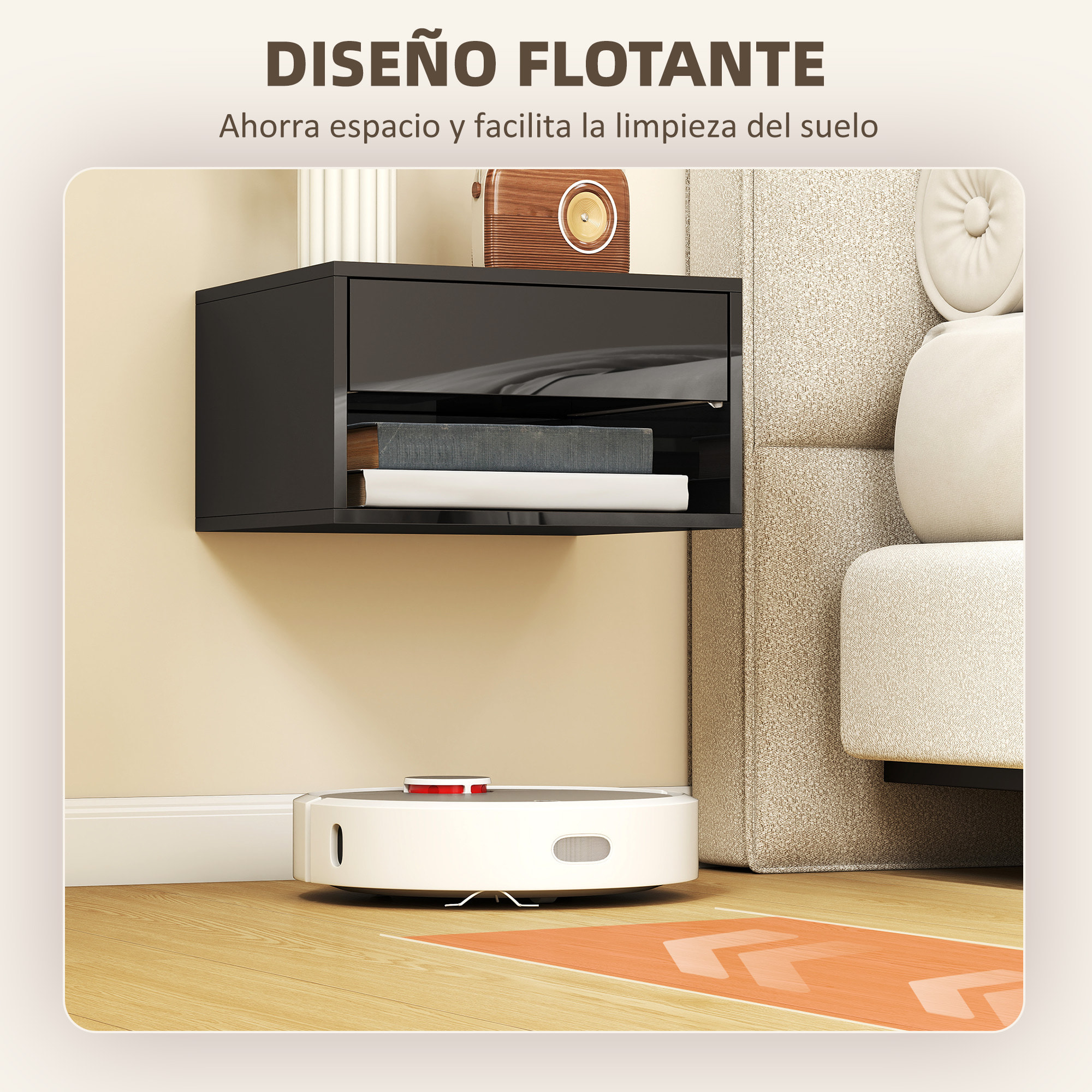 Juego de 2 Mesitas de Noche Flotantes, Mesillas de Noche con Cajón, Estante Abierto, para Dormitorio, Salón, 37x32x21 cm, Negro Brillo