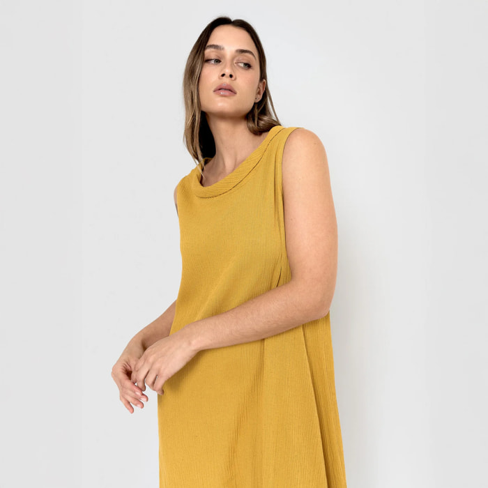 Vestido midi cuello drapeado algodón lino ocre
