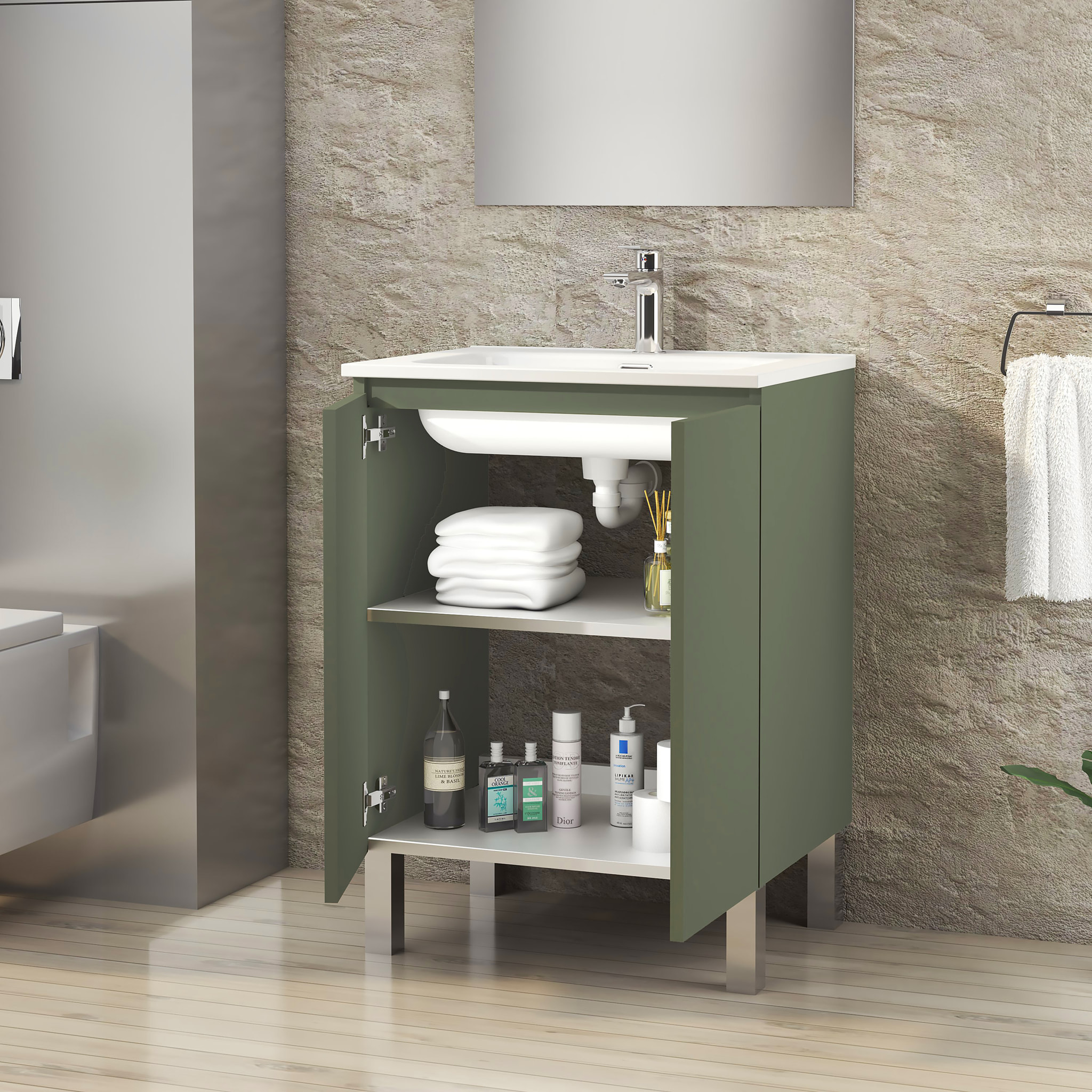 Conjunto de Baño Lust | 60 cm Verde Musgo | Dos Puertas | Lavabo Encastrado | No incluye Espejo | Mueble Montado | Alday