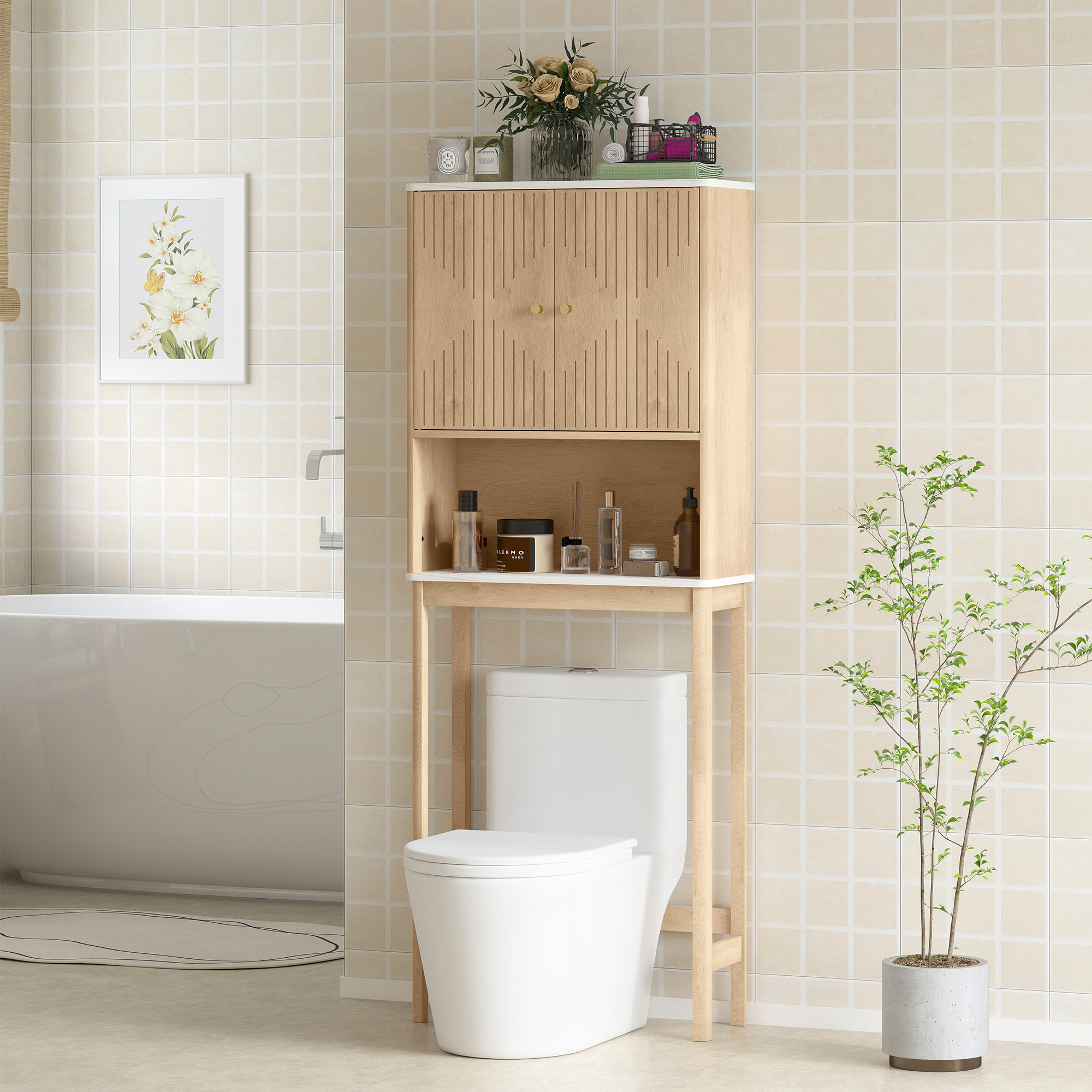 Meuble WC dessus de toilette style bois naturel effet marbre blanc 2 portes étagère niche