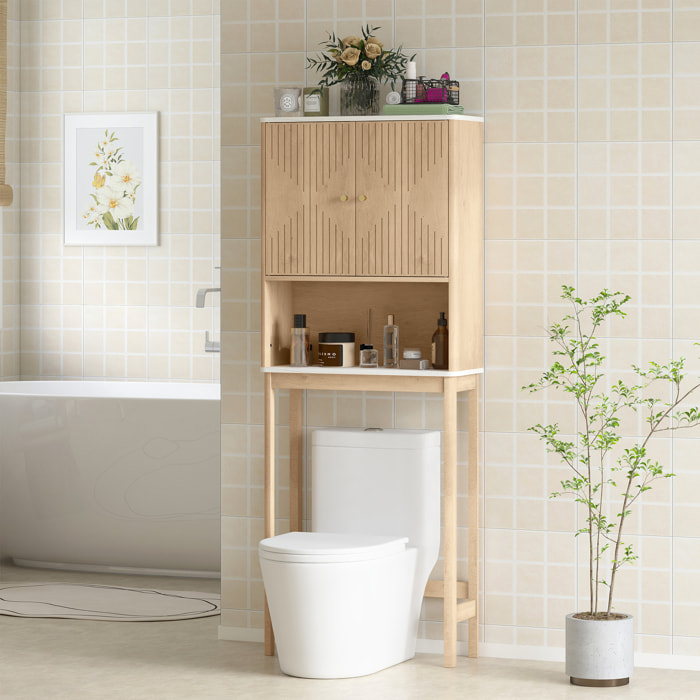 Meuble WC dessus de toilette style bois naturel effet marbre blanc 2 portes étagère niche