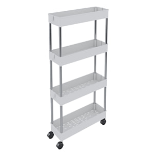 Carrello Portaoggetti 4 Ripiani Mobile Salvaspazio In Plastica Con Ruote Struttura In Acciaio Per Spazi Ridotti Cucina Bagno 40 x 13 x 85 Cm Bianco