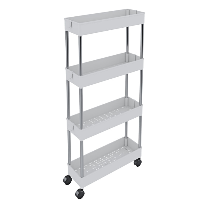 Carrello Portaoggetti 4 Ripiani Mobile Salvaspazio In Plastica Con Ruote Struttura In Acciaio Per Spazi Ridotti Cucina Bagno 40 x 13 x 85 Cm Bianco