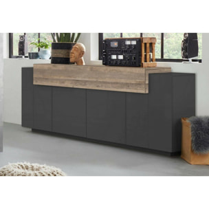 Credenza Loris, Madia da cucina a 4 ante, Buffet da soggiorno, 100% Made in Italy, cm 220x45h86, Antracite e Acero