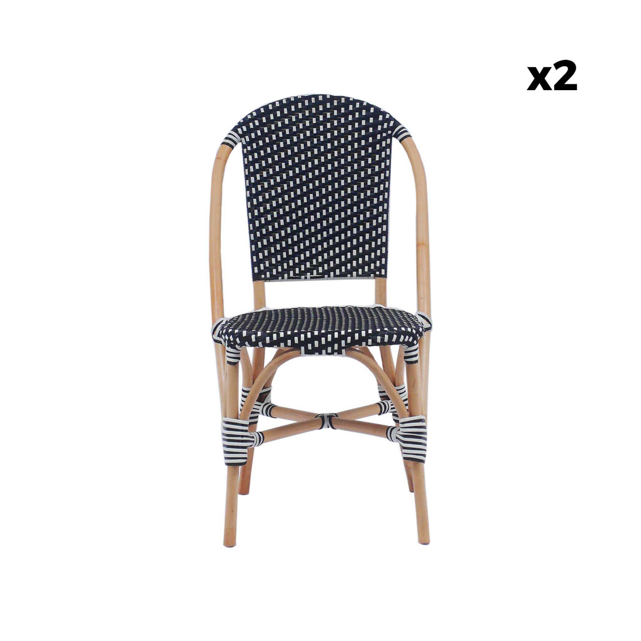 Lot de 2 chaises empilables bistrot en rotin et polyrotin noir et blanc. L 48 x P 58 x H 90cm