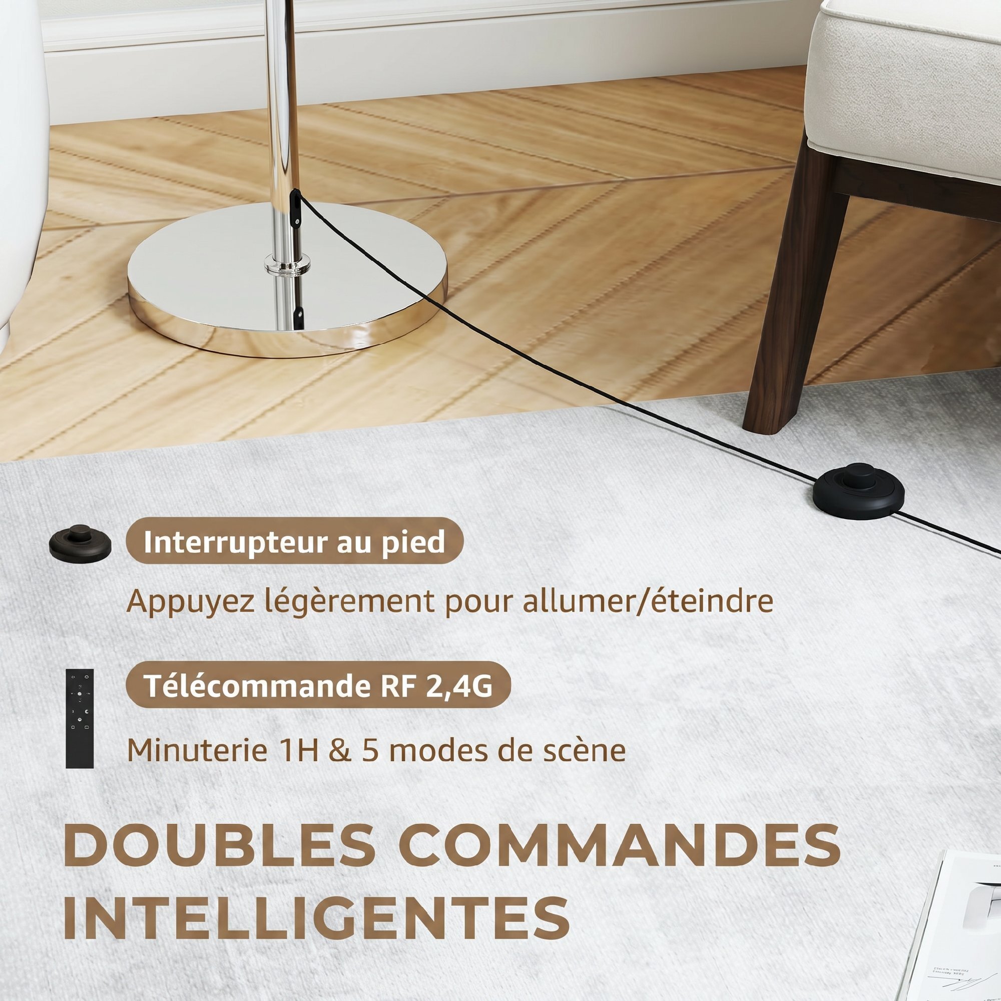 Lampadaire style néo-rétro abat jour lin beige H.133-168 cm réglable avec télécommande métal argenté