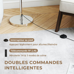Lampadaire style néo-rétro abat jour lin beige H.133-168 cm réglable avec télécommande métal argenté