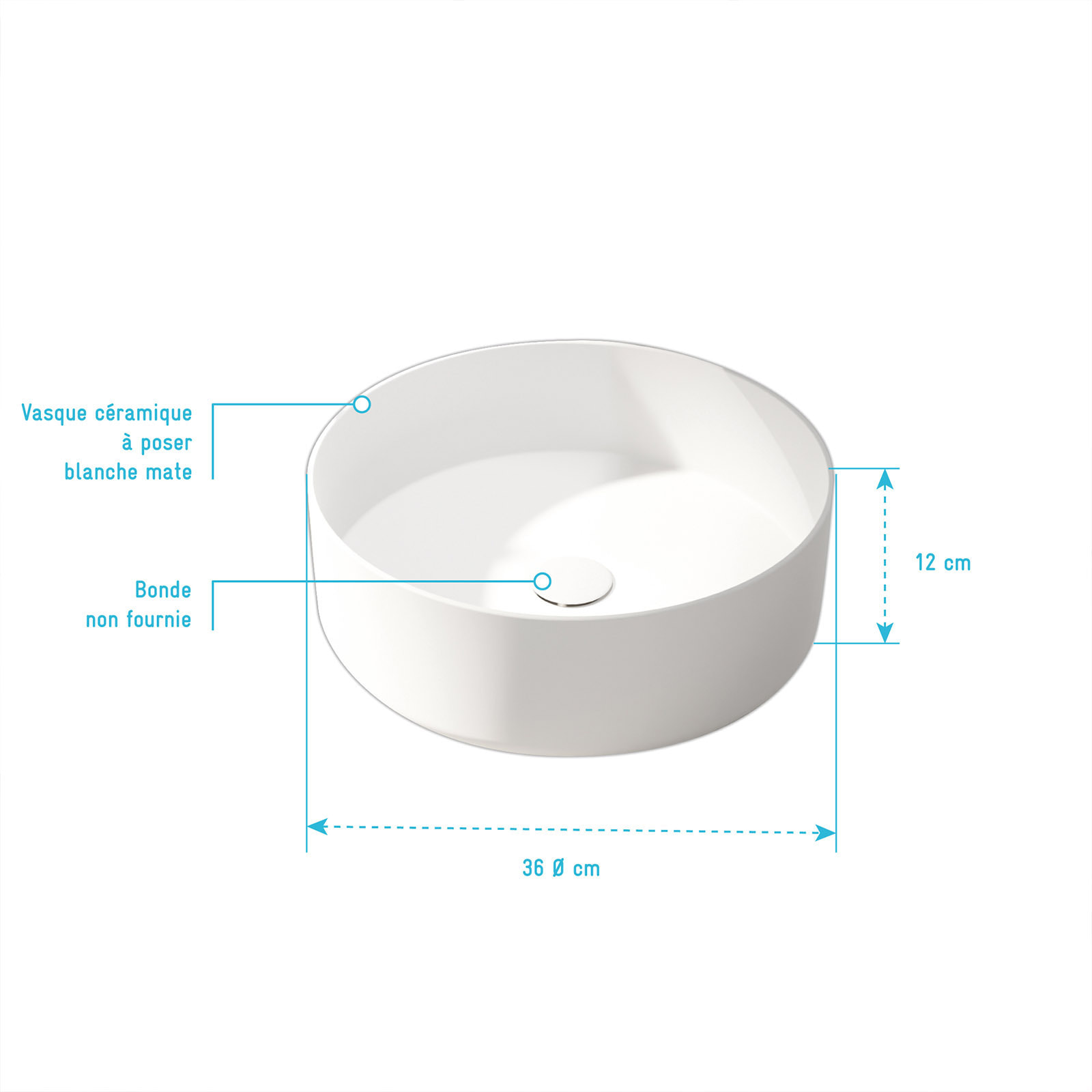 Vasque à poser Ronde en Céramique Blanche Mat - Diam 36cm x 12cm - POP MATT