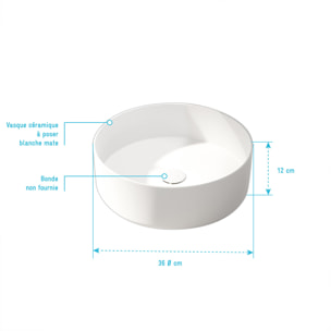 Vasque à poser Ronde en Céramique Blanche Mat - Diam 36cm x 12cm - POP MATT
