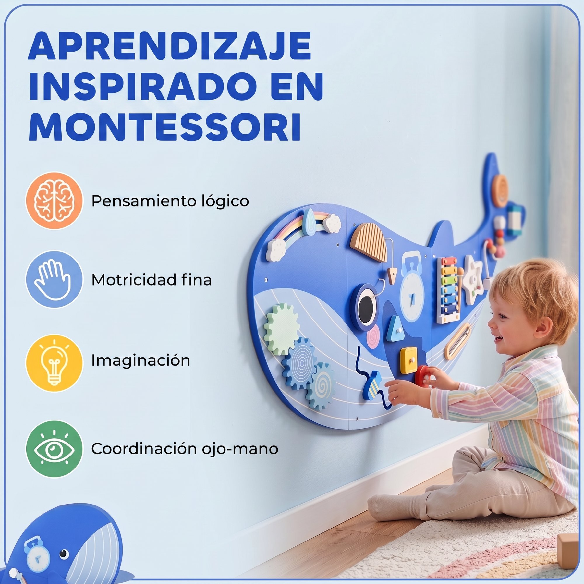 Tablero Sensorial Montessori, Tema Ballena, Busy Board, Panel Sensorial Montessori 13 en 1 de Pared, Juguetes de Aprendizaje para Niños y Niñas +2 Años, Azul