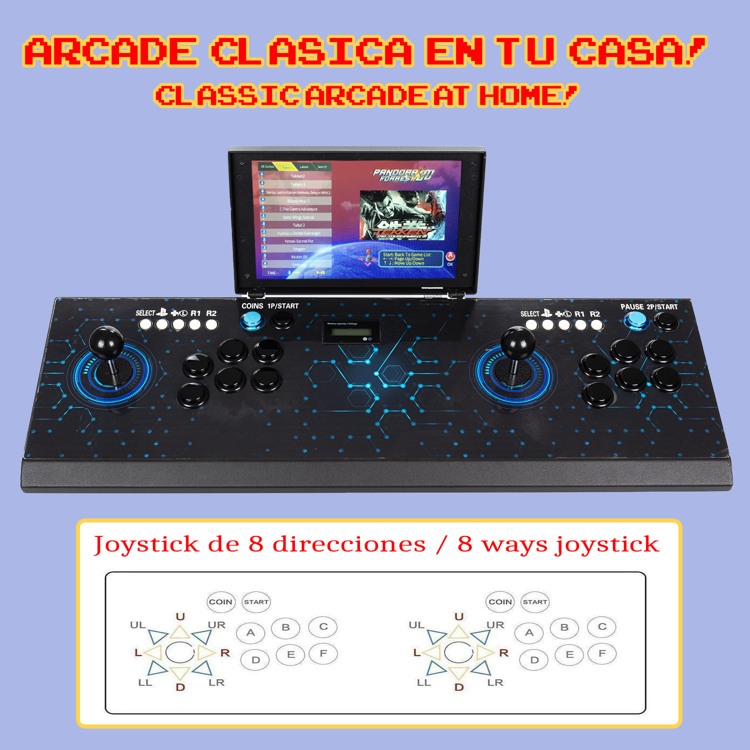 Pandora Box Forrest con pantalla de 10 pulgadas. Emulador con más de 4000 juegos clásicos instalados, consola arcade clásica, máquina recreativa. 2 mandos analógicos.