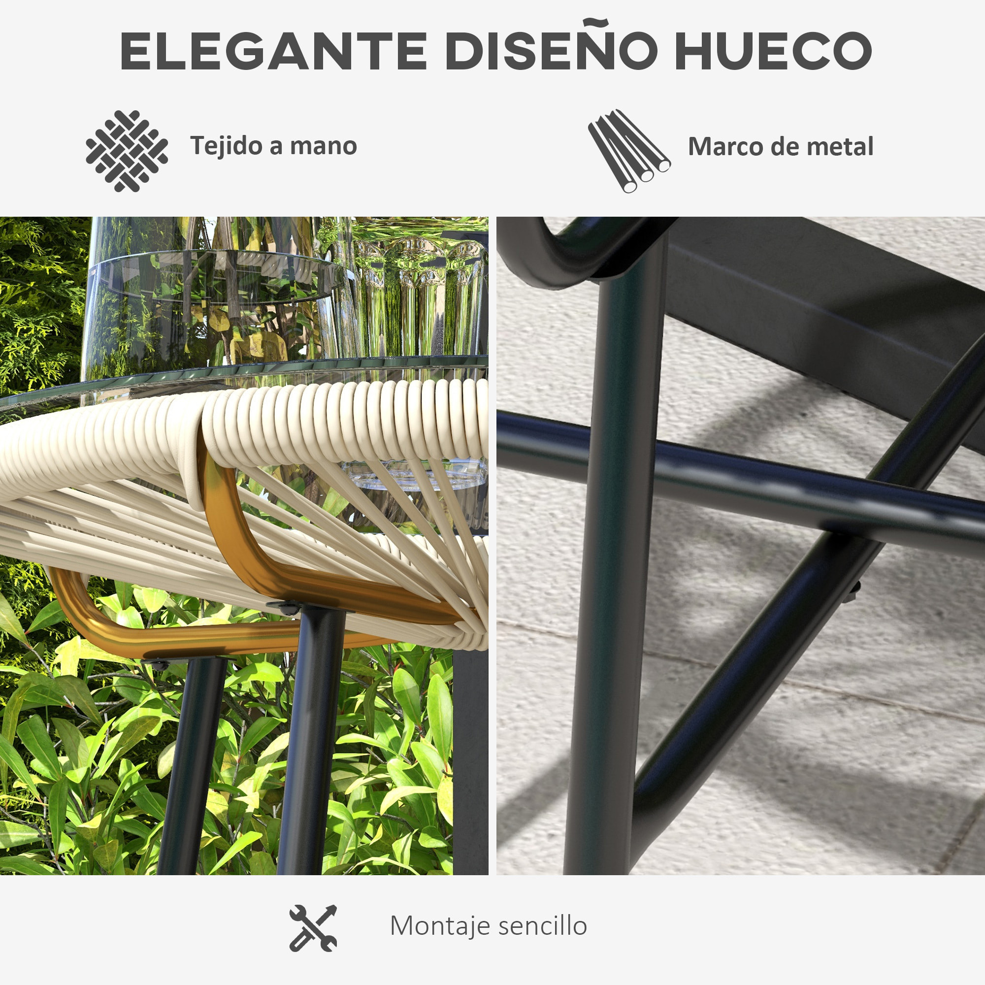 Mesa de Jardín de Ratán Sintético Mesa de Centro Redonda para Exteriores con Tablero de Vidrio Templado y Patas de Metal para Patio Balcón Ø50x50 cm Crema