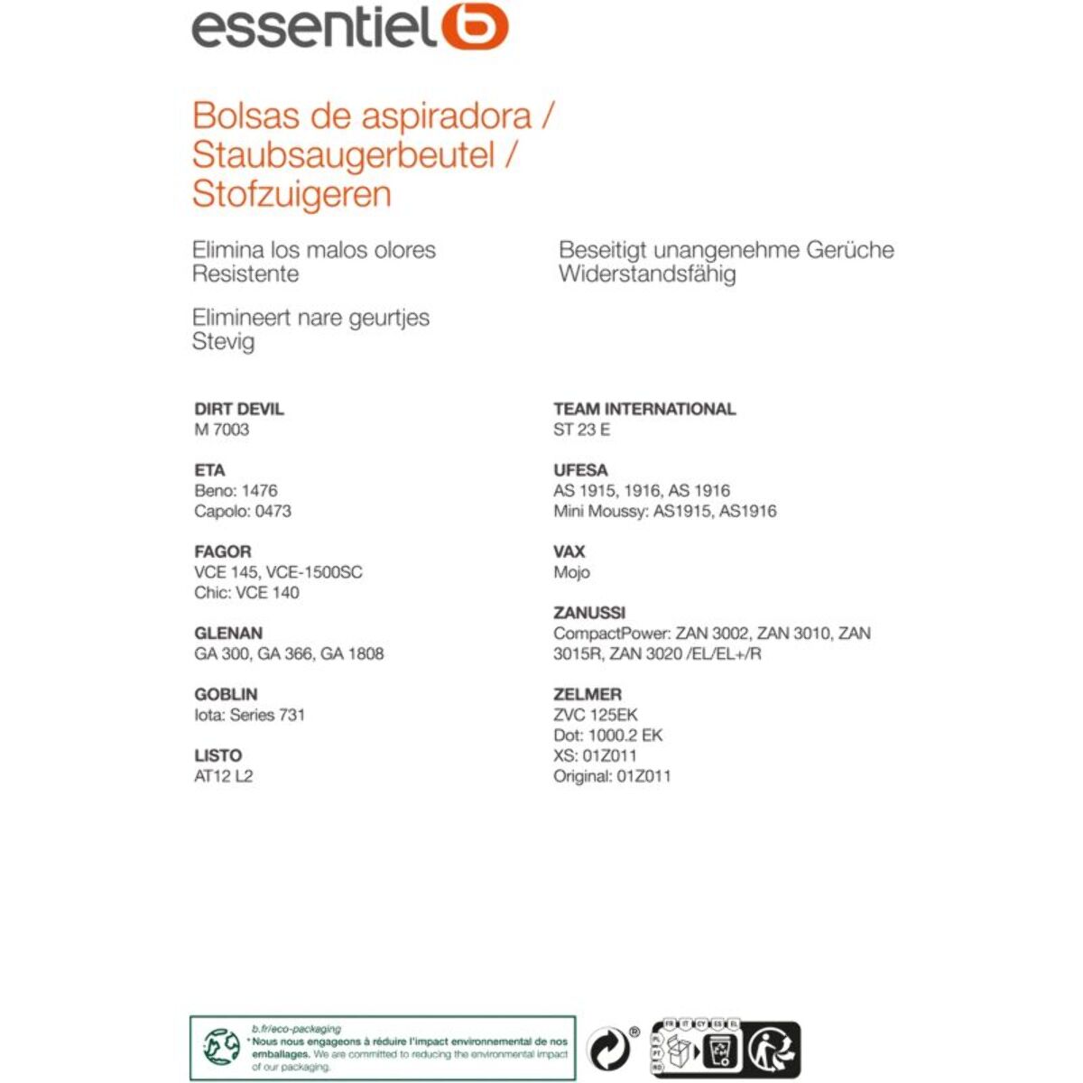 Sac aspirateur ESSENTIELB EB4600