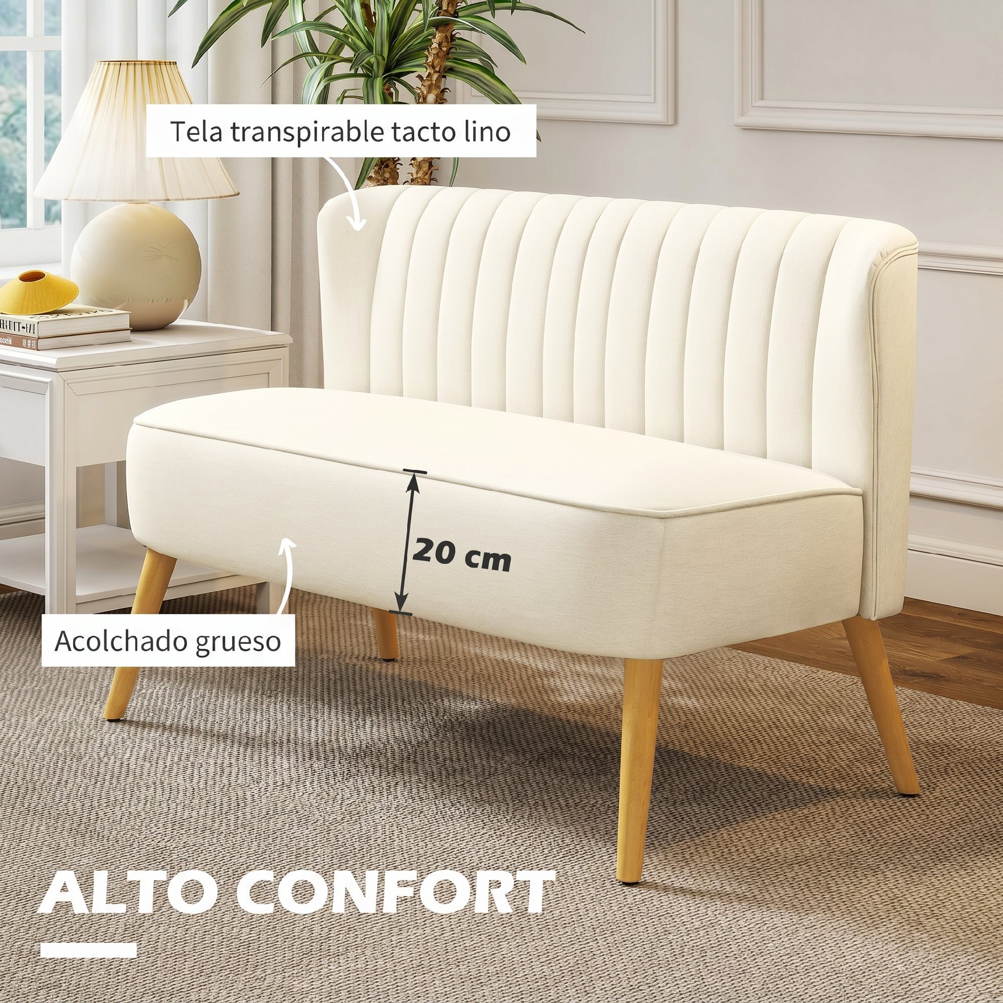 Sofá de 2 Plazas Tapizado en Lino Sintético, Sofá Moderno con Asiento y Respaldo Acolchados, Patas de Madera de Caucho, Carga 220 kg para Dormitorio, Salón, Espacios Pequeños, Blanco Crema