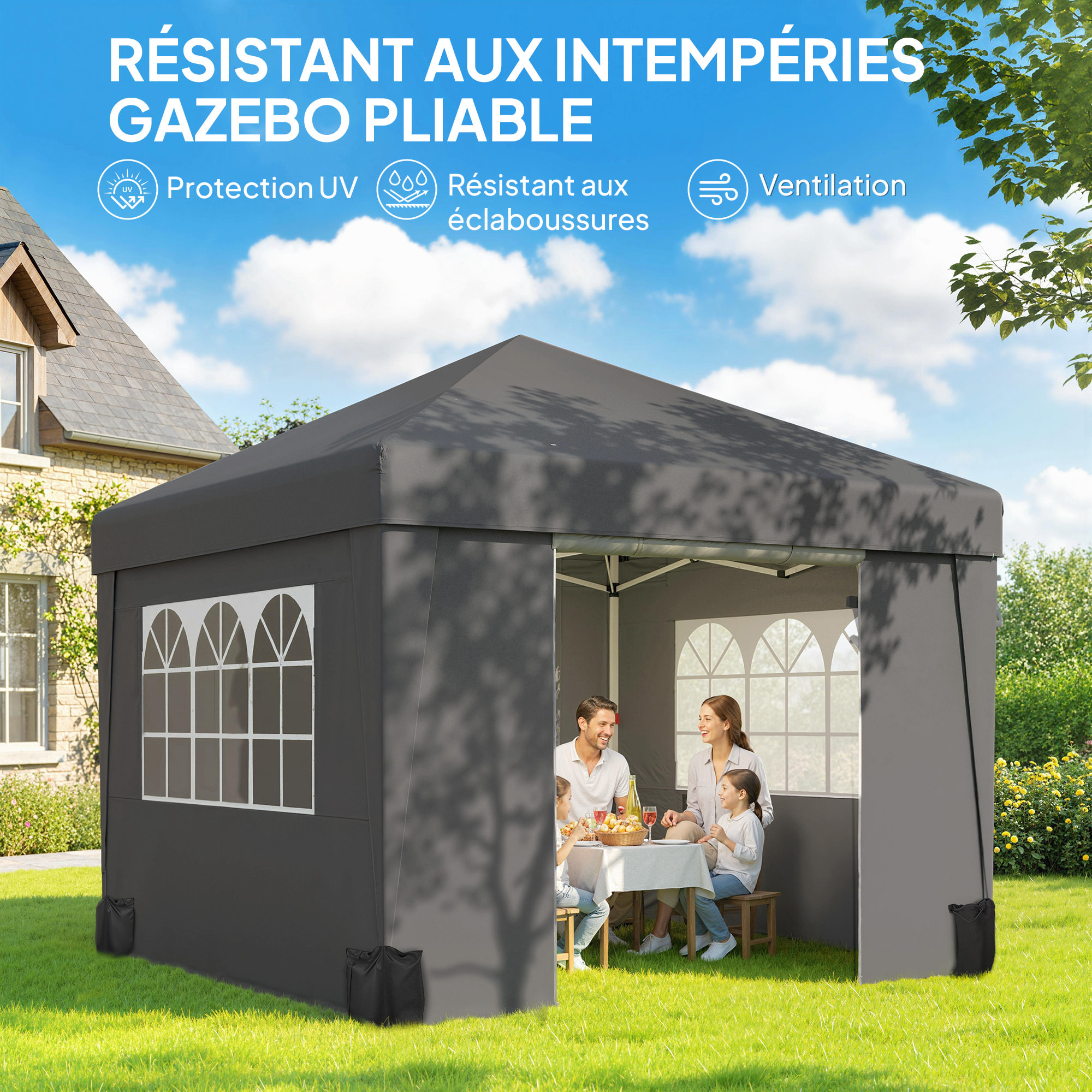 Tonnelle barnum pop-up pliant 2,98L x 2,98l x 2,75H m sacs de lestage et transport inclus anthracite