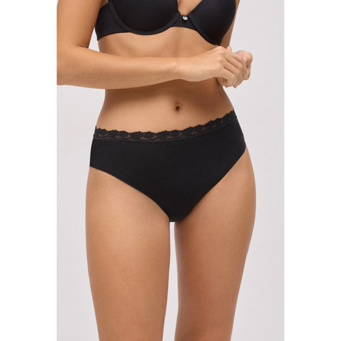 Slip midi in cotone con pizzo nero