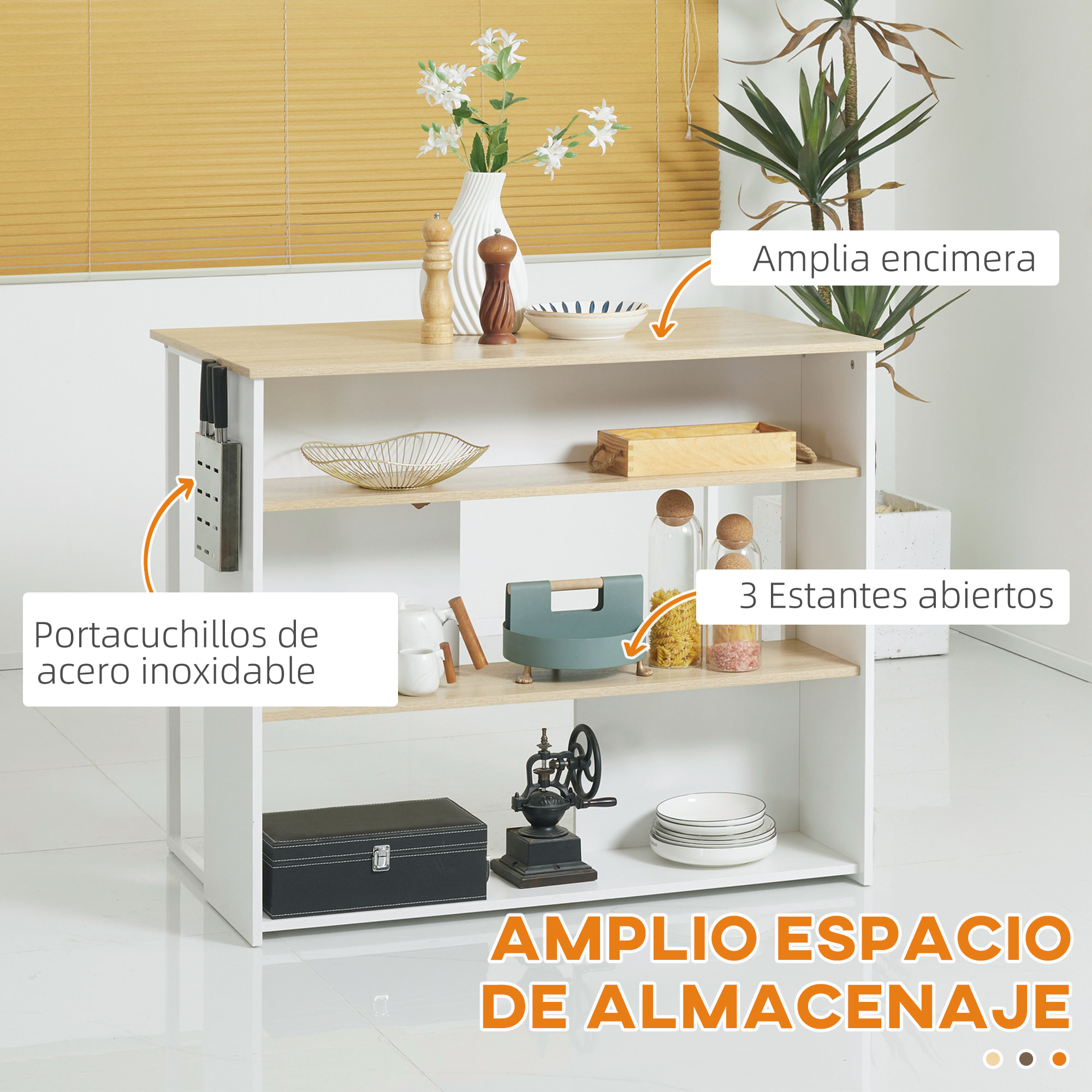 Isla de Cocina Moderna Mueble Auxiliar de Cocina con 3 Estantes Abiertos Portacuchillos Soporte para Microondas y Marco de Acero para Comedor 105x65x90 cm Roble