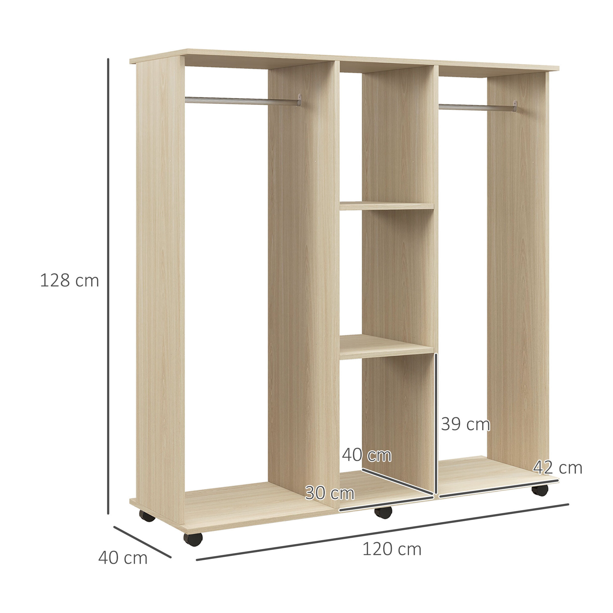 Armoire penderie meuble de rangement mobile 6 roulettes 120L x 40l x 128H cm panneaux de particules aspect bois chêne