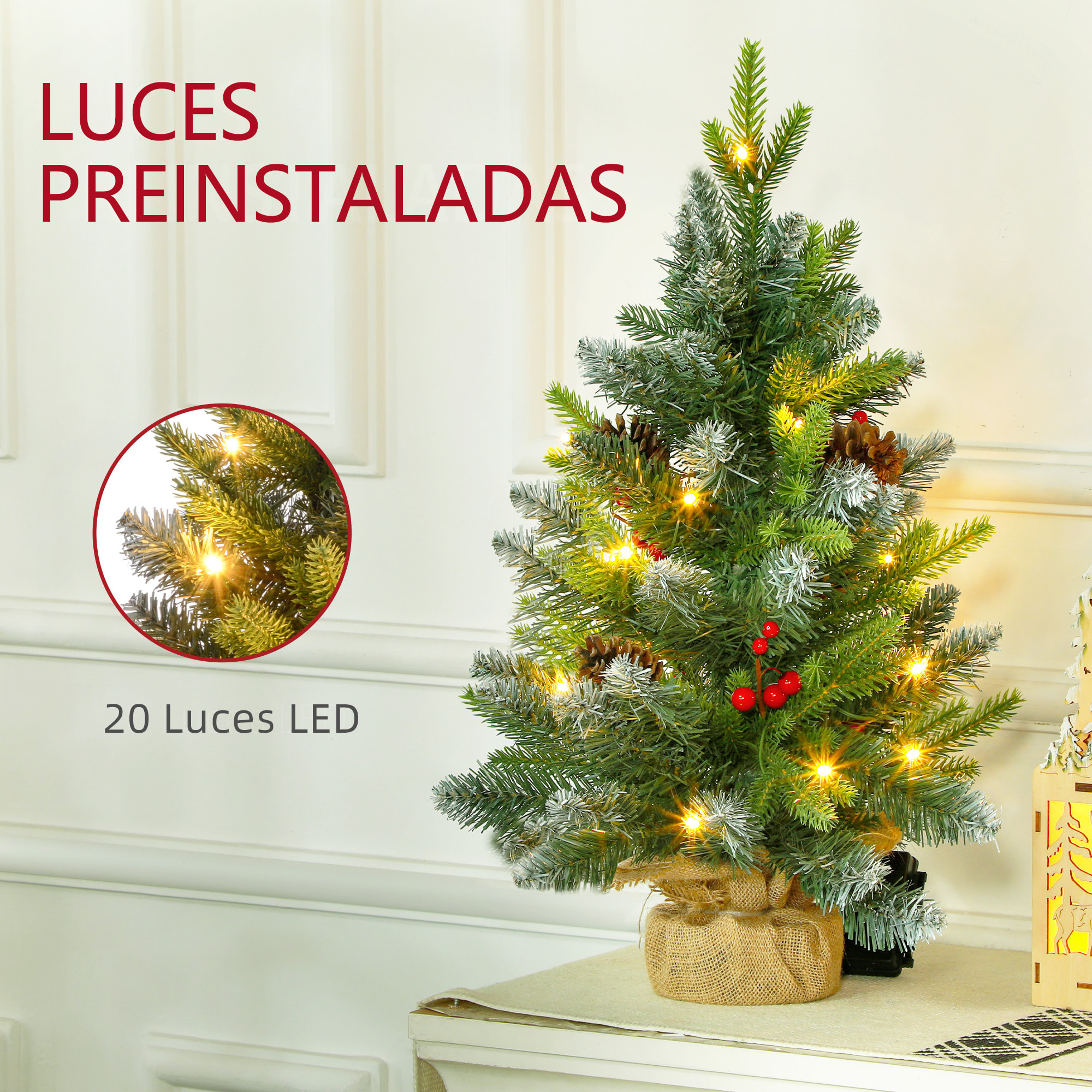 Árbol de Navidad 60 cm Árbol de Navidad Artificial Sobremesa con 20 Luces LED 141 Ramas 5 Piñas 5 Racimos de Bayas Rojas y Soporte de Metal Árbol Navideño para Interior Verde