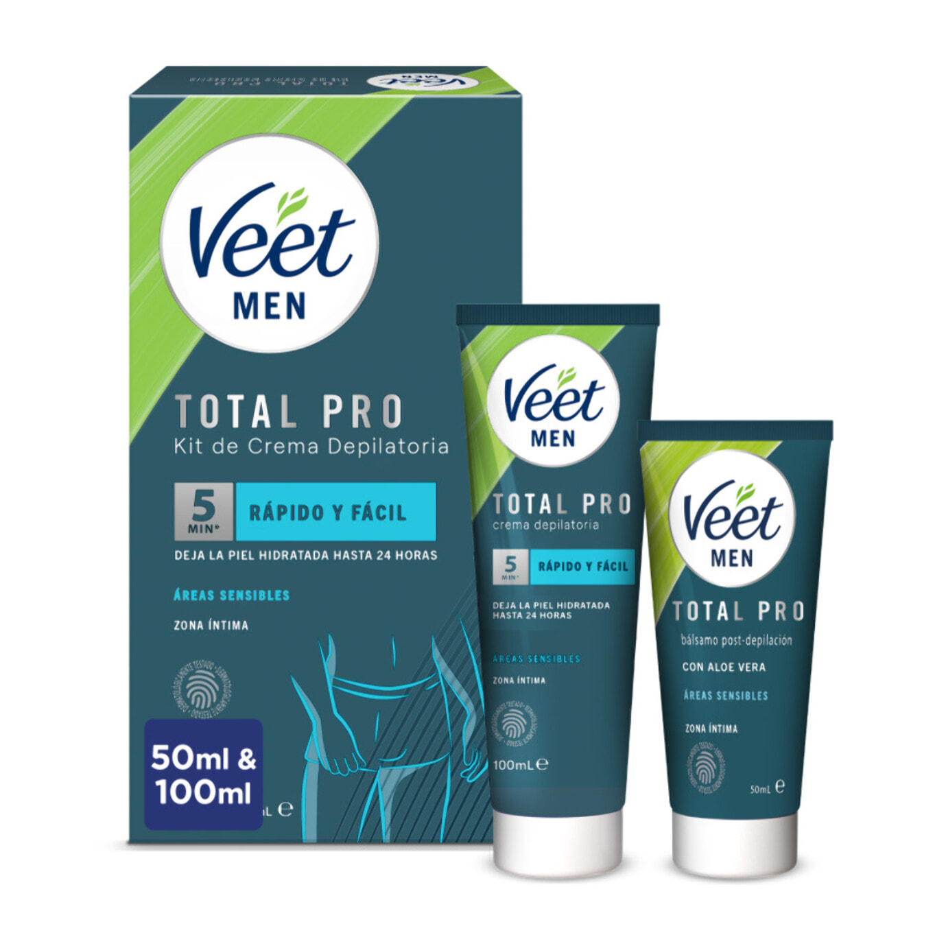 Veet Men Kit de Depilación para Zonas Íntimas del Cuerpo, Crema Depilatoria Hombre 100 ml y Bálsamo Post-Depilación 50 ml