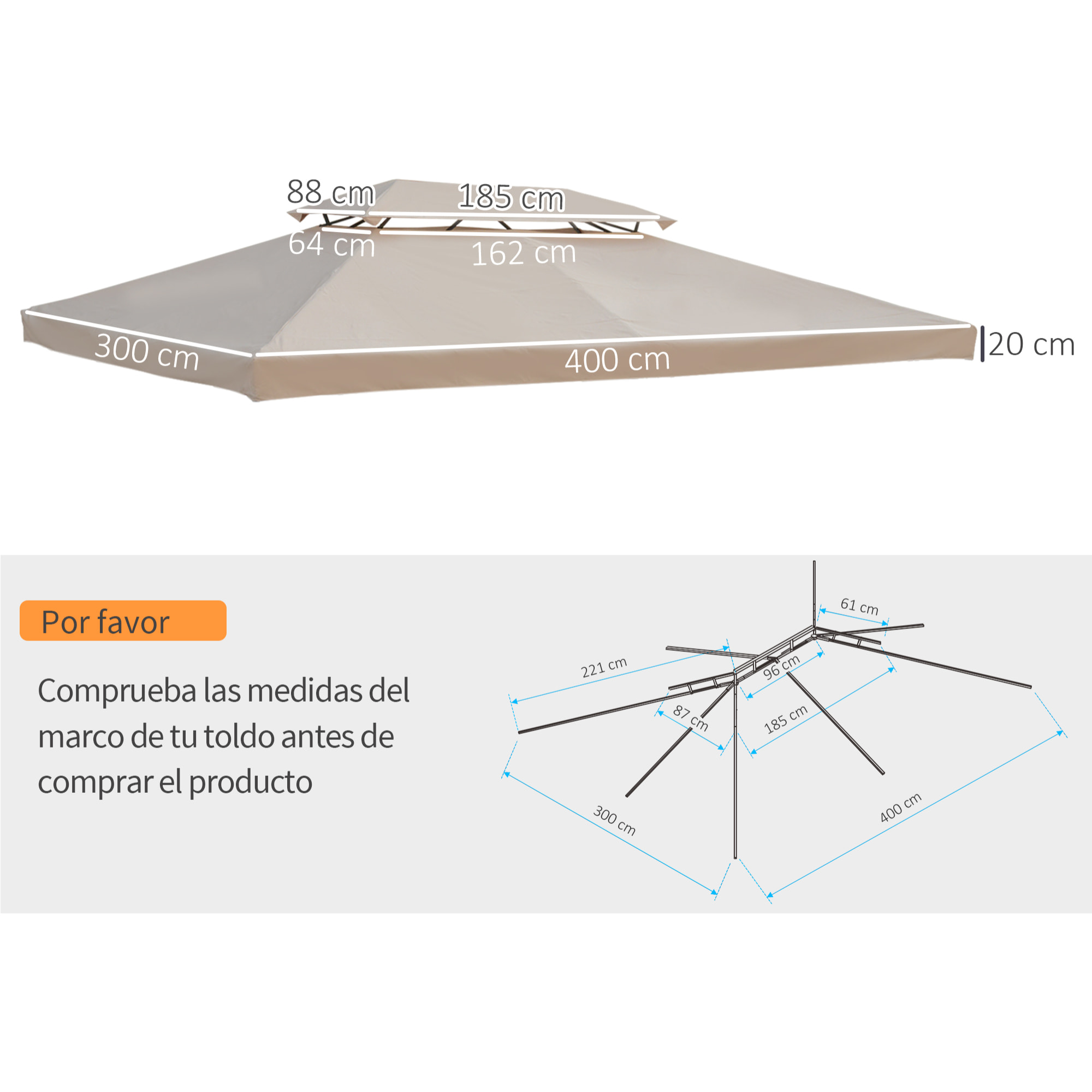 Outsunny Techo de Repuesto para Cenador 4x3 m de 2 Niveles Toldo para Pérgola Recambio con 10 Orificios de Drenaje Cubierta de Repuesto para Gazebo Pabellón Exterior Crema