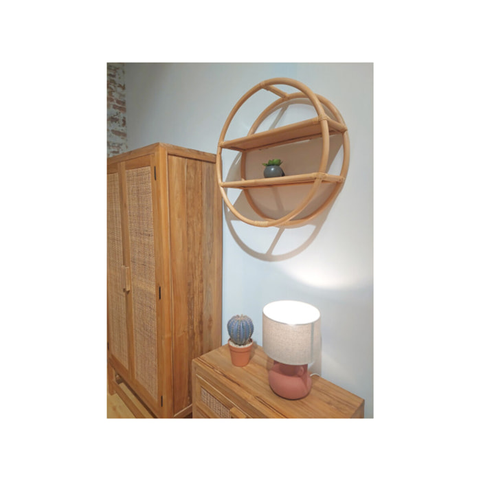 Etagère murale ronde D. 60 cm en rotin naturel avec 2 tablettes - VIVIA