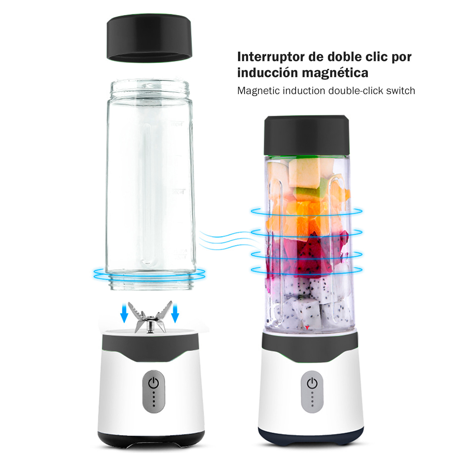 Batidora portátil 7S dos vasos de 300 y 500 ml con 6 cuchillas de acero inoxidable, con 150W y batería recargable de 4000mAh.