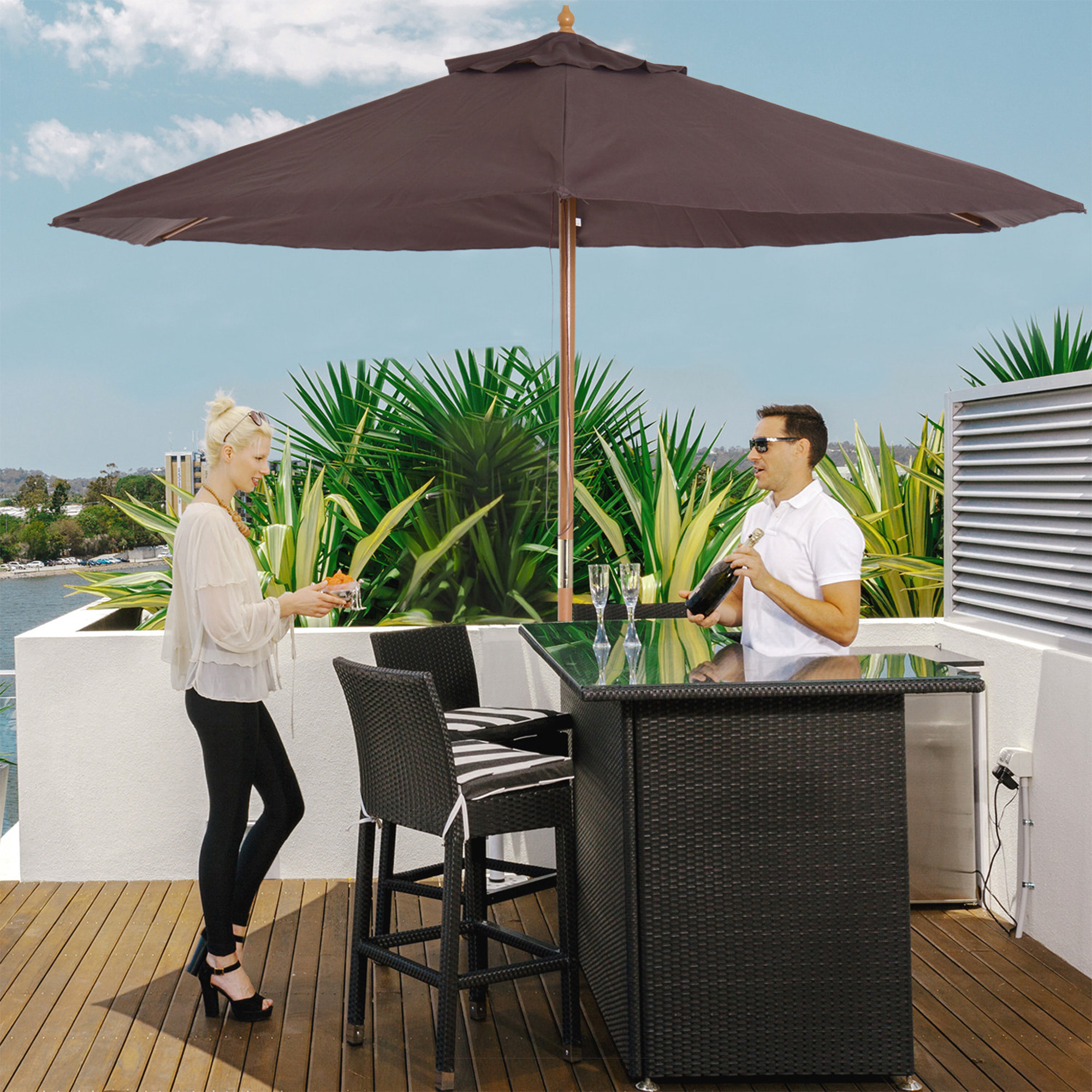 Sombrilla Tejido de Poliester y Madera Ø2,5x2,25m Café