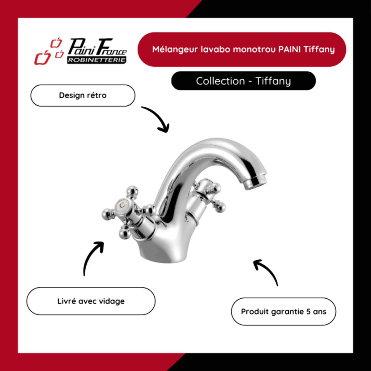 Mélangeur lavabo bec bas monotrou PAINI Tiffany Chromé