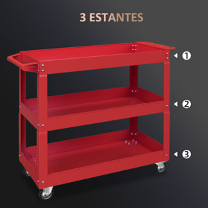 Carro de Herramientas con Ruedas Carro de Taller de Acero con 3 Estantes de Almacenamiento y Asa Lateral para Garaje Mecánico Hogar Carga 150 kg 83x35,3x76 cm Rojo