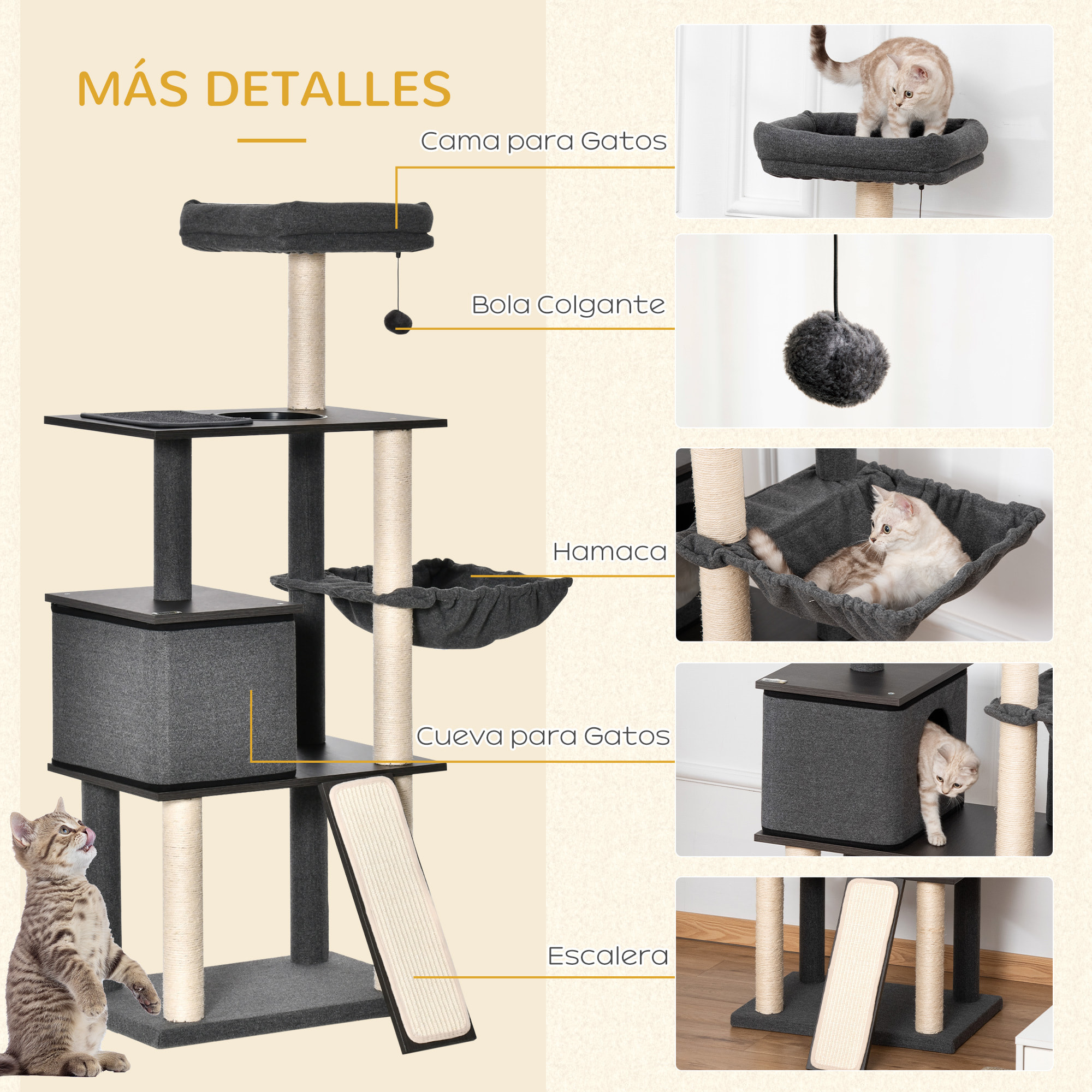 Árbol para Gatos con Cueva de Fieltro Extraíble y Postes Rascadores 60x40x146 cm