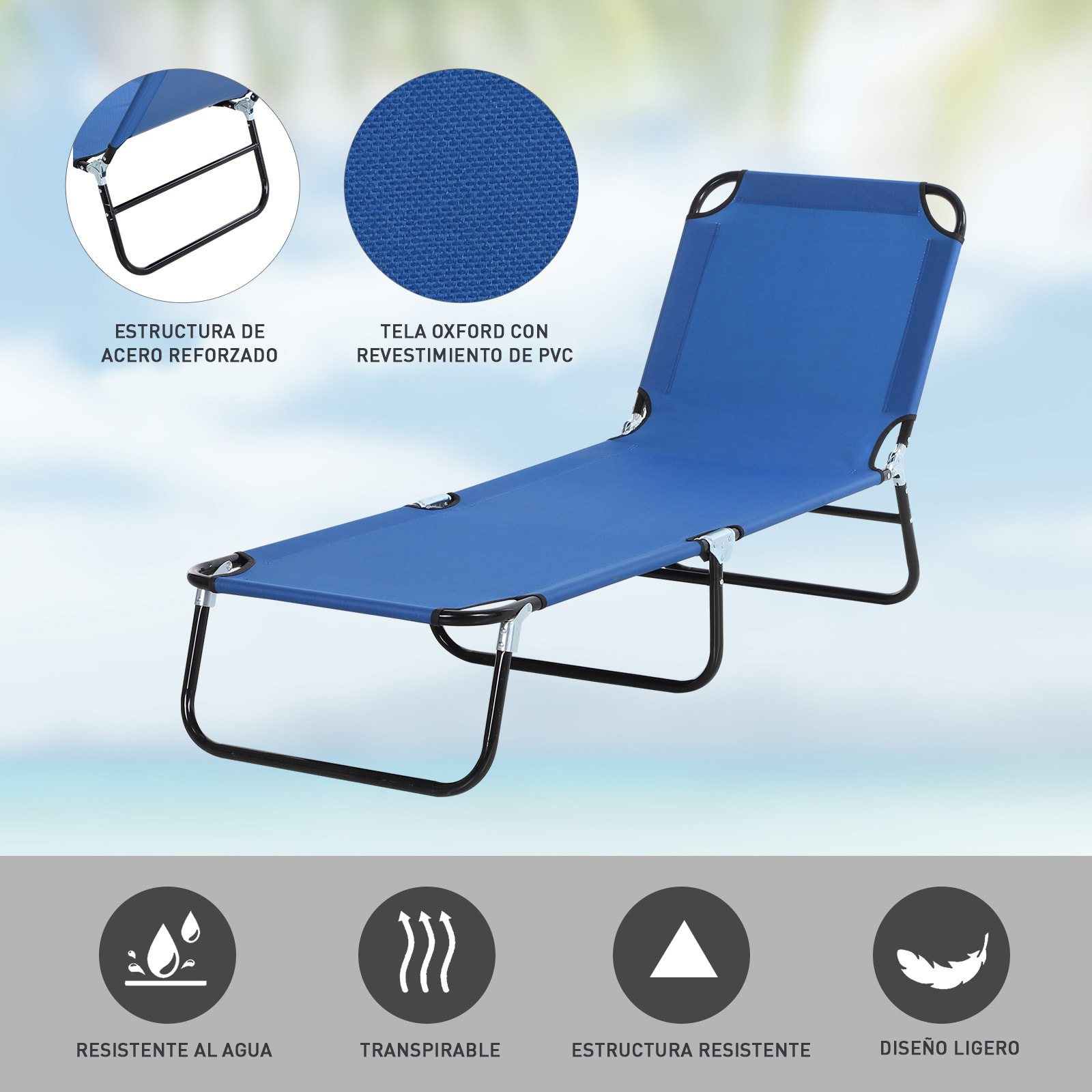 Tumbona Plegable Reclinable con ángulo Ajustable de 5 Posiciones para Jardín Exterior Piscina Terraza Camping Carga 120 kg 188x56x28 cm Azul