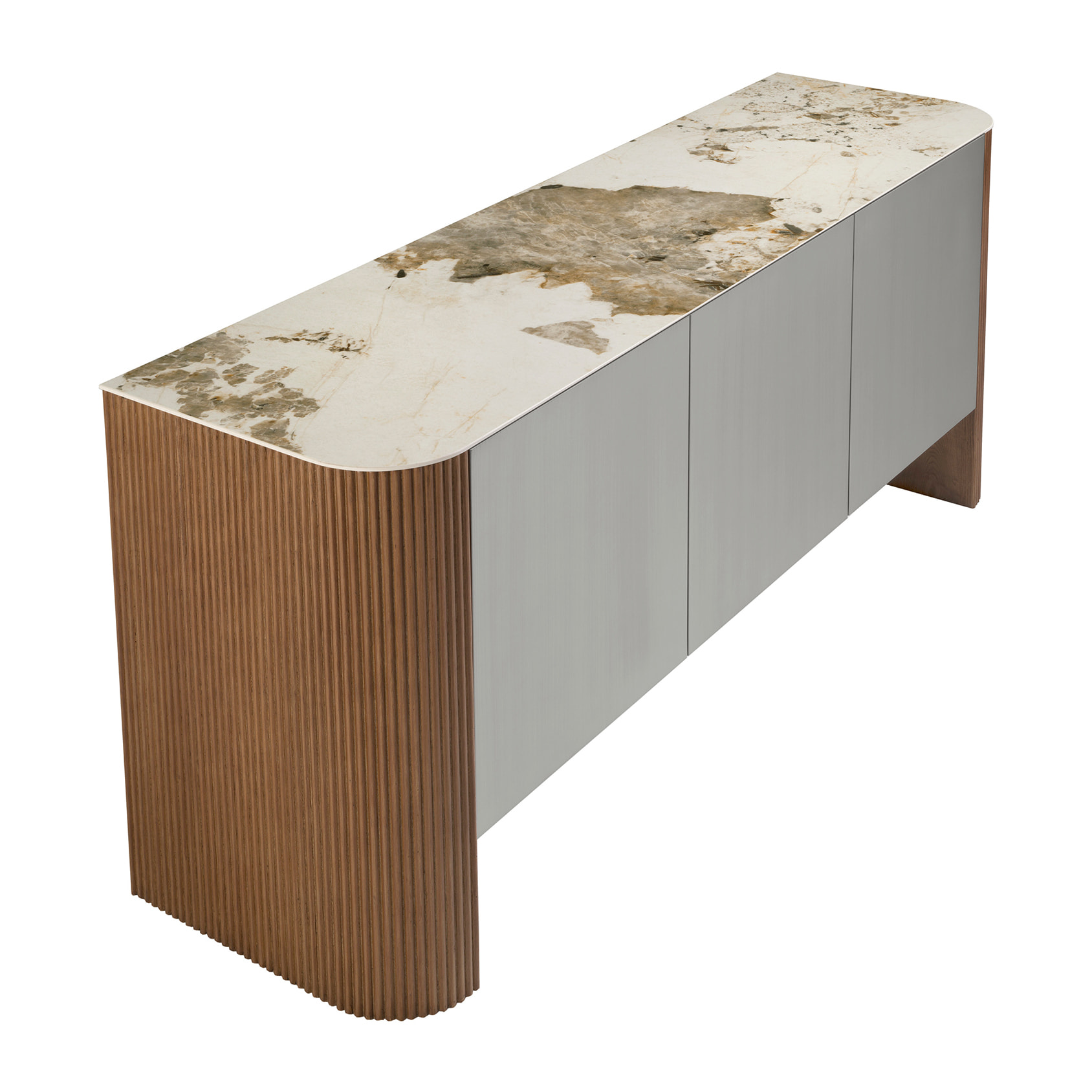 Aparador Angel Cerdá con estructura de Madera MDF lacada en plata y patas de madera en nogal 160x45x80cm