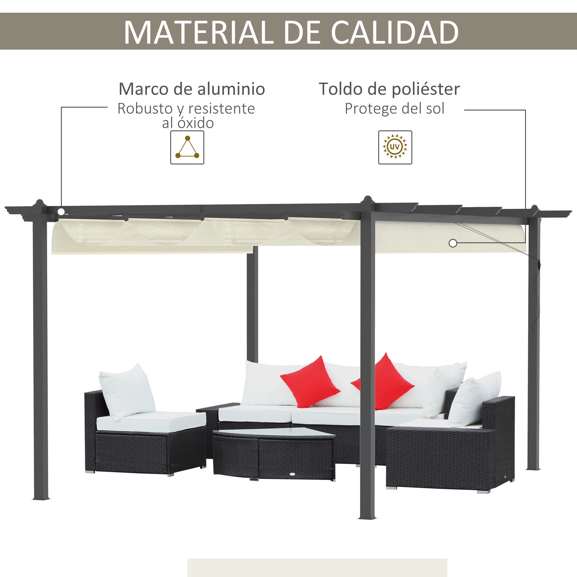 Pérgola de Aluminio 4x3 m con Techo Retráctil Poliéster y 8 Orificios de Drenaje