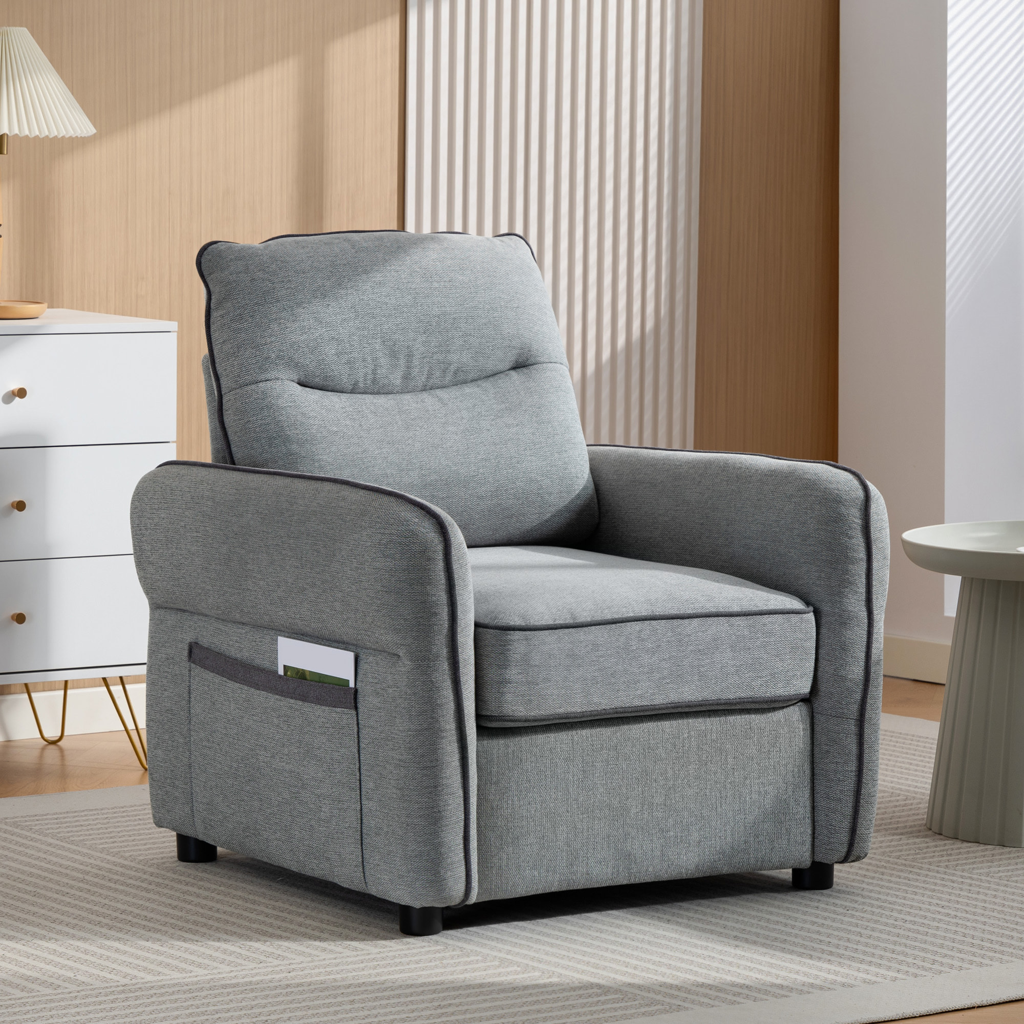 Fauteuil moderne haut dossier grand confort poche rangement velours gris