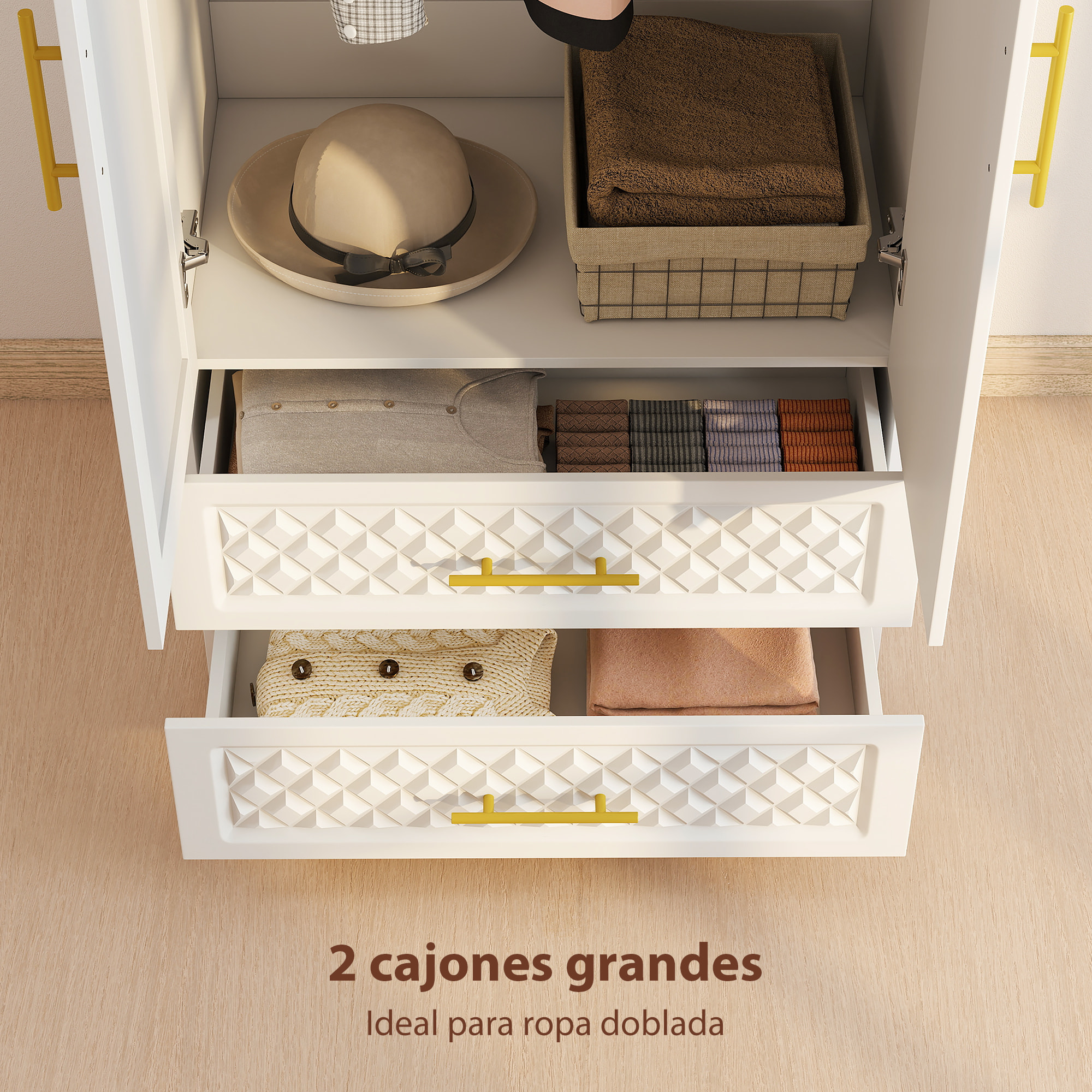 Armario Dormitorio 2 Puertas y 2 Cajones, Armario Ropero con Espejo, Relieve de Diamante, Barra para Colgar, Estilo Moderno, 80x50x180 cm, Blanco