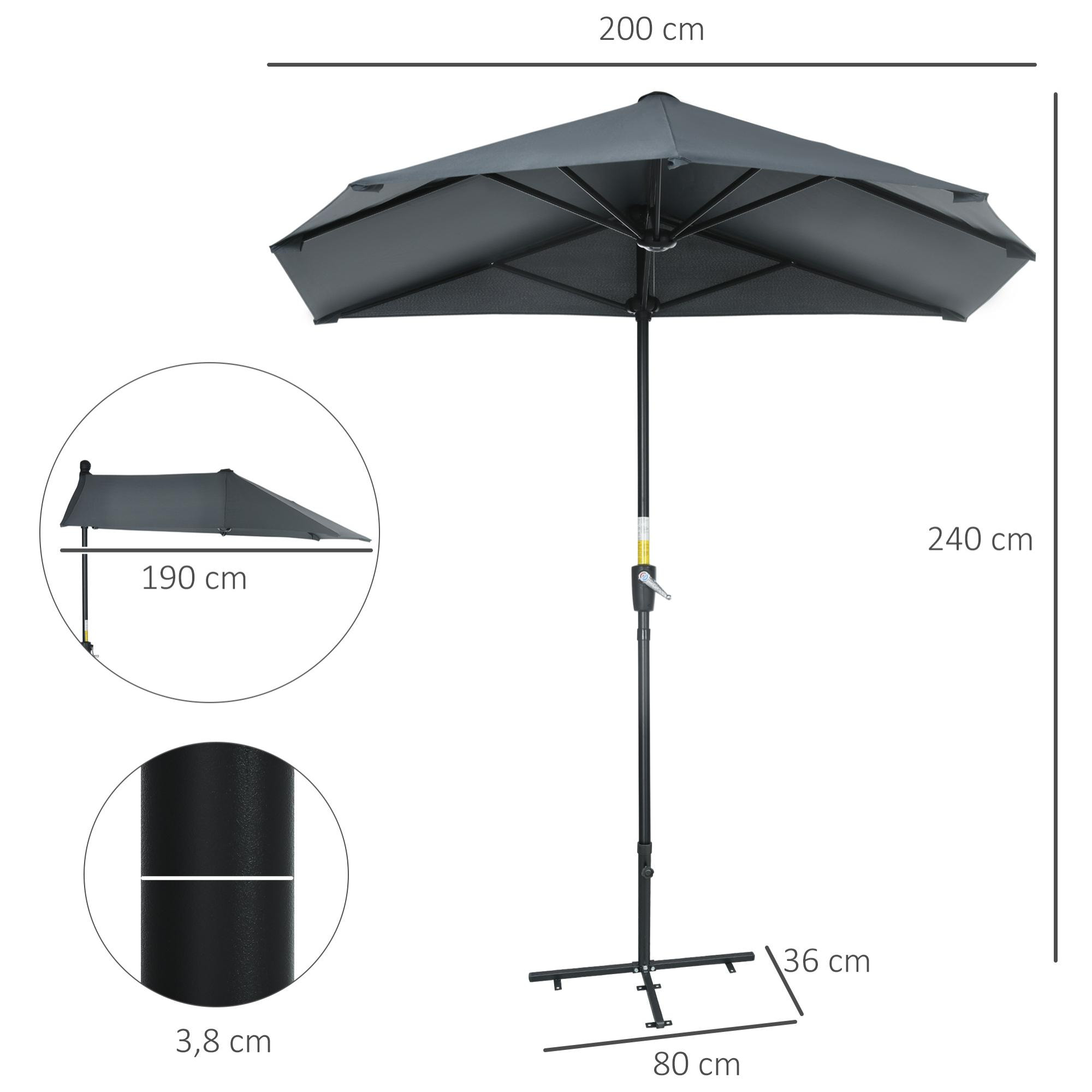 Sombrilla de Pared de Jardín 200x190x240 cm Parasol con Manivela Poste de Acero y Base Cruzada Protección Solar para Terraza Balcón Exterior Gris