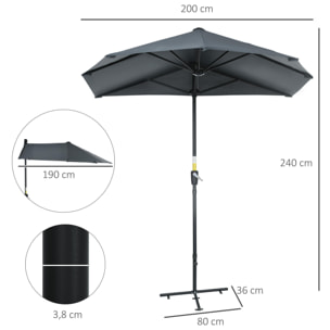 Sombrilla de Pared de Jardín 200x190x240 cm Parasol con Manivela Poste de Acero y Base Cruzada Protección Solar para Terraza Balcón Exterior Gris