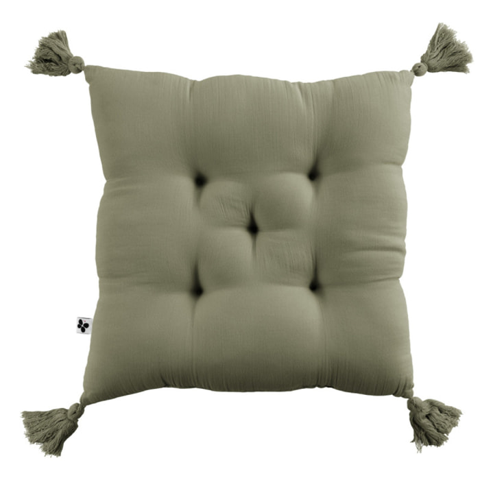 Coussin capitonné 5 points avec pompons "Gaïa" 40 x 40 cm "Gaze de Coton" - Couleur: Gaïa Romarin