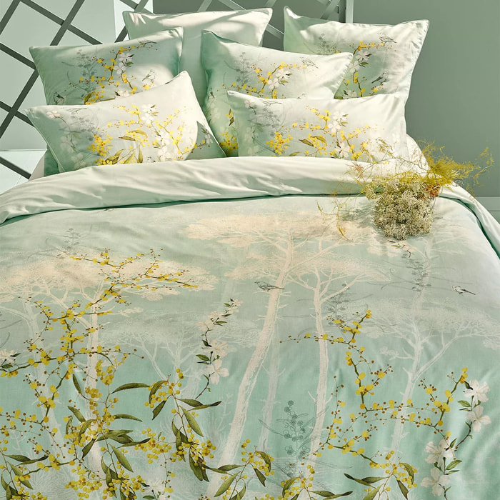 Housse de couette satin de coton 115 g/m² imprimé bleu Mimosas d'ete turquoise