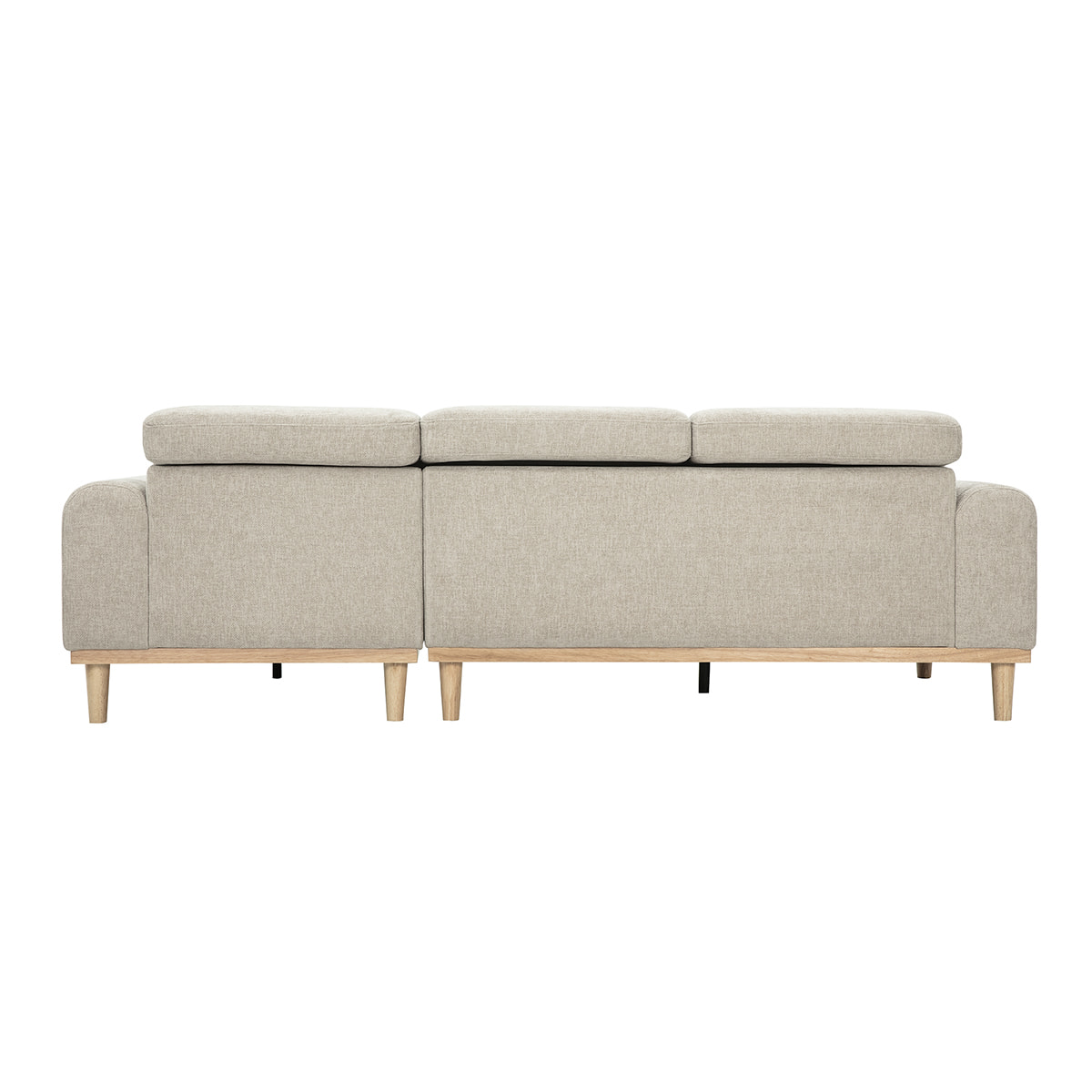 Canapé d'angle droit 3 places avec têtières ajustables en tissu effet velours texturé beige et bois clair HORACIO