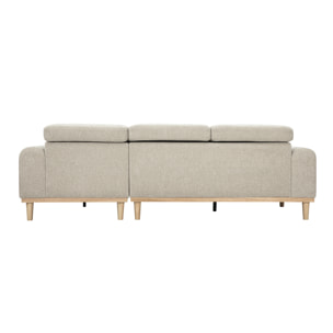 Canapé d'angle droit 3 places avec têtières ajustables en tissu effet velours texturé beige et bois clair HORACIO