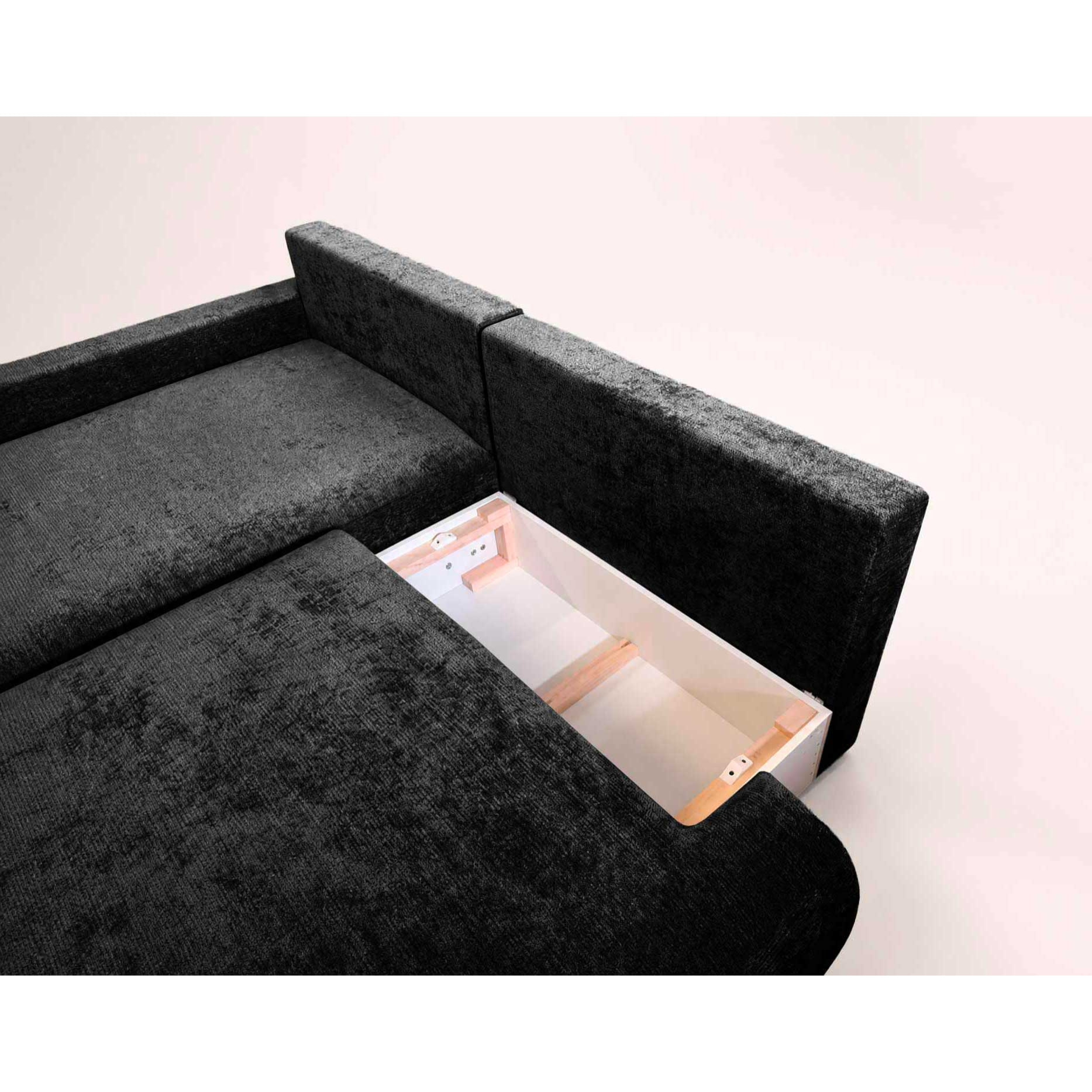 Pivoine - Canapé d'angle ouvert gauche 4 places convertible avec coffre en tissu texturé - Noir