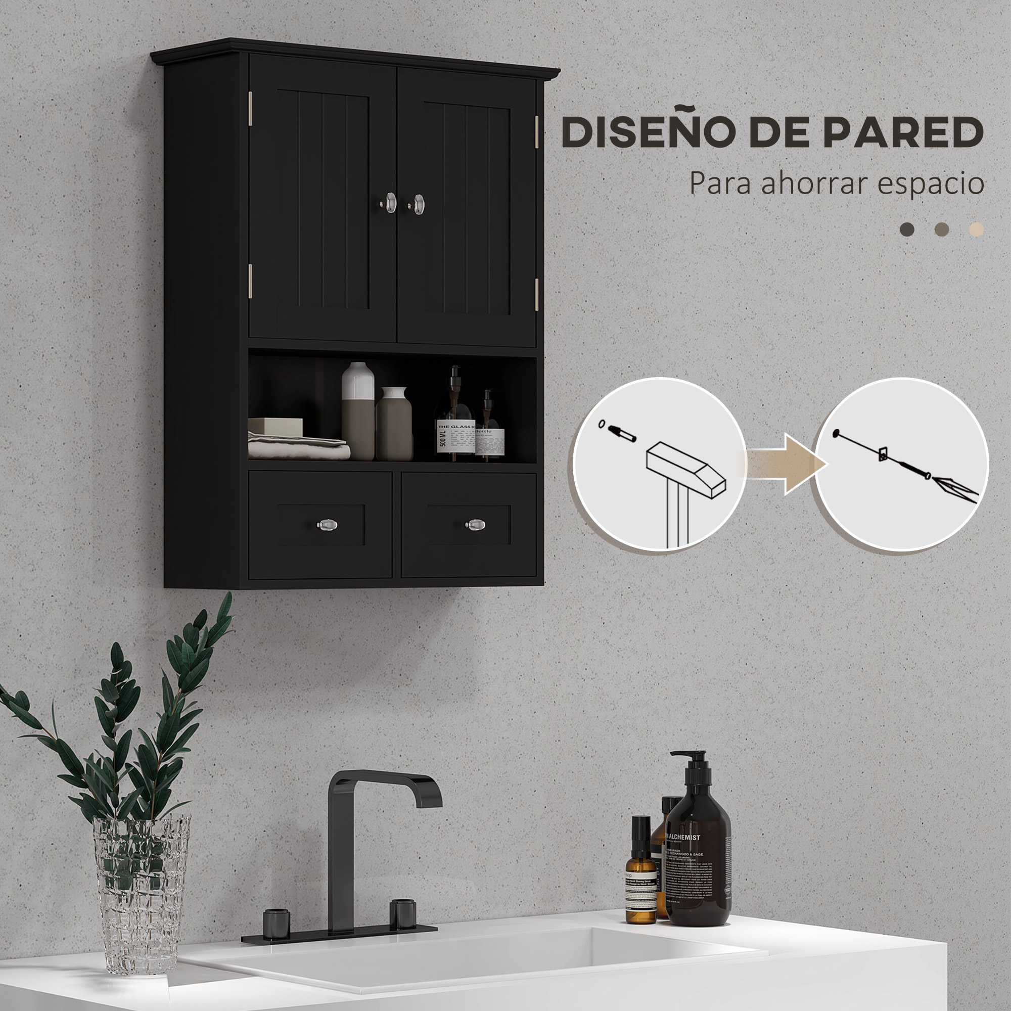Armario de Baño de Pared, Armario Colgante, Mueble Suspendido de Baño, 2 Puertas con Cierre Magnético, 2 Cajones y Estante Abierto, para Cocina, Lavadero, 50,8x17,8x66 cm, Negro